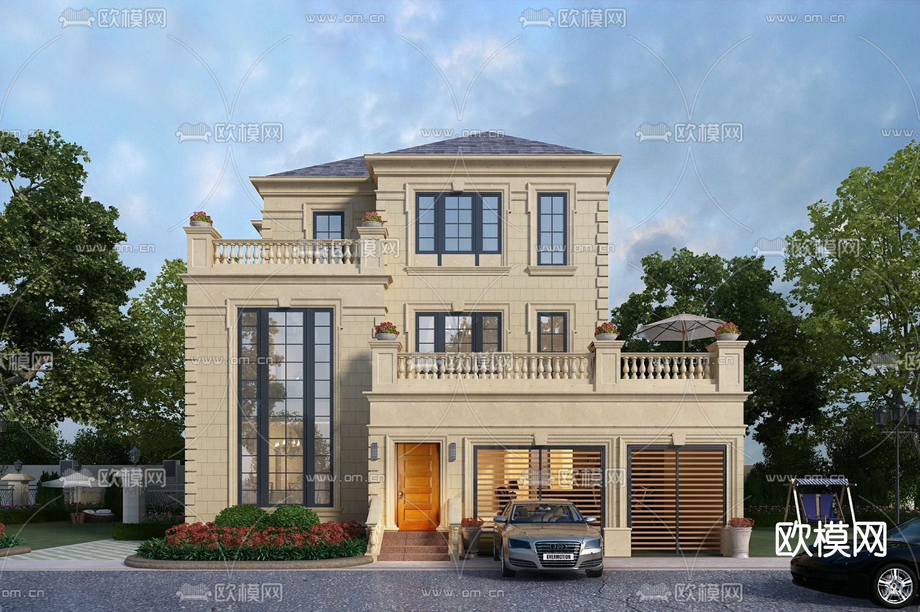 欧式独栋别墅外观su模型下载（渲染图1）