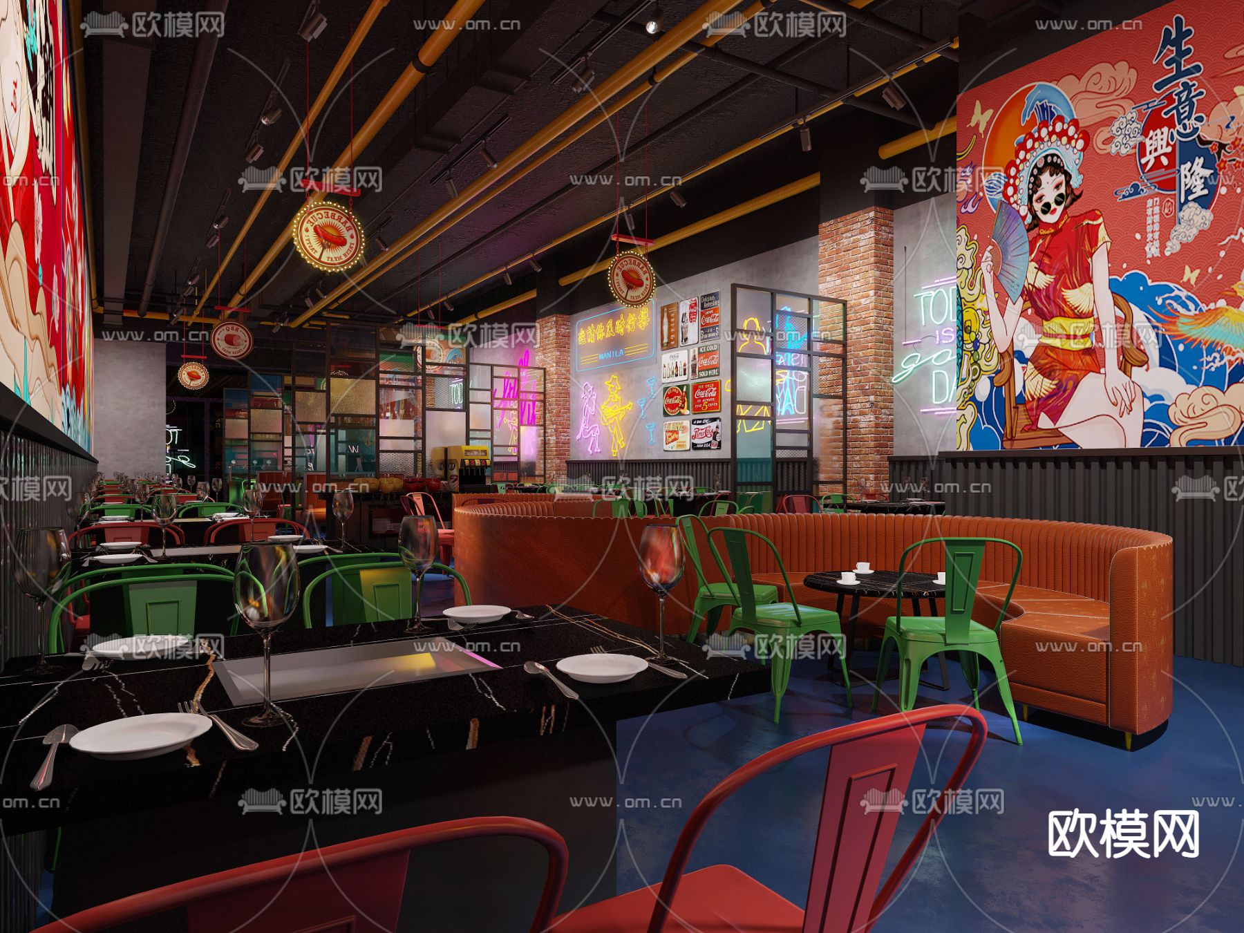 工业风混搭烤肉店3d模型下载（渲染图2）