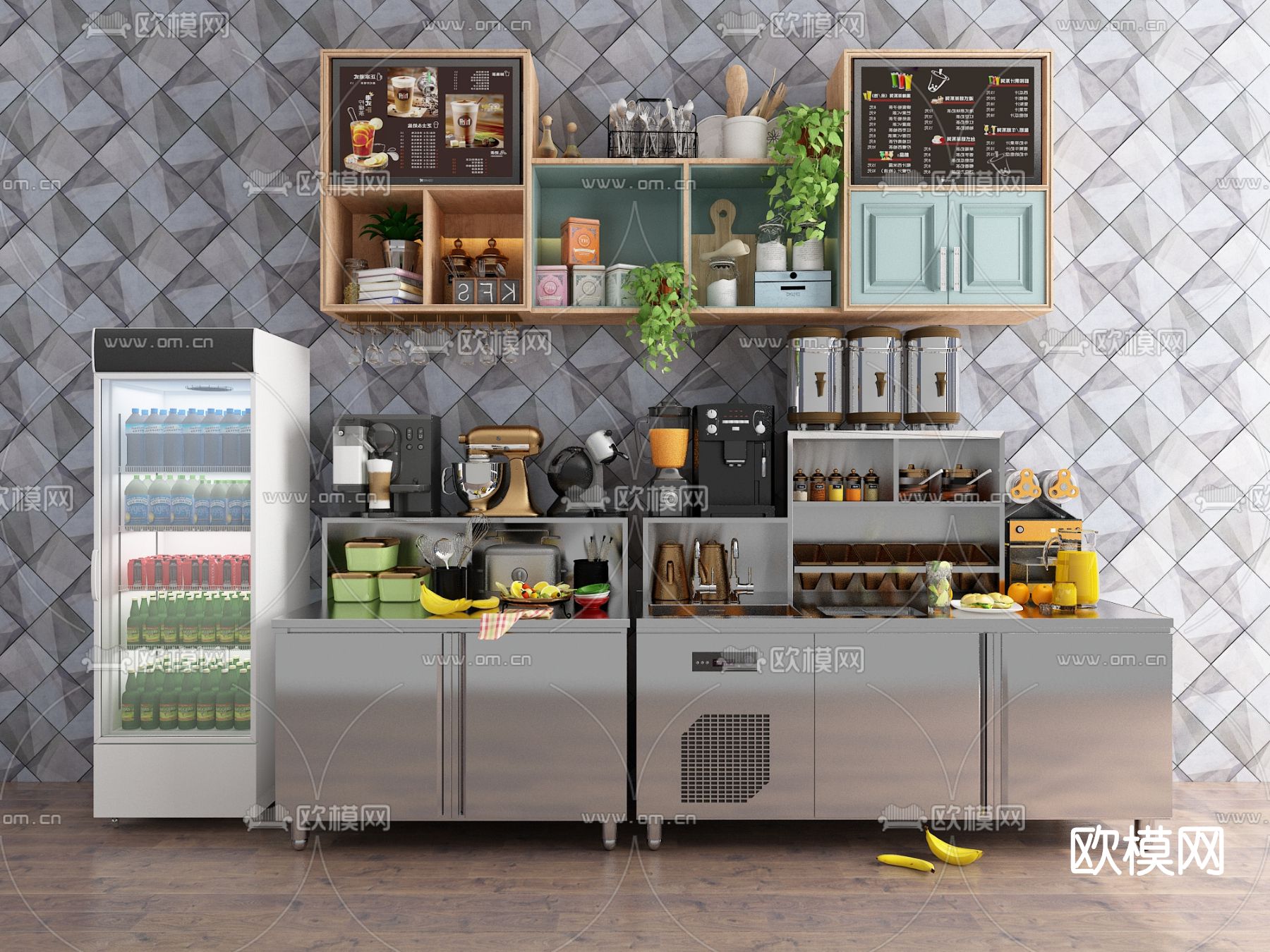 现代奶茶店操作台su模型下载（渲染图1）