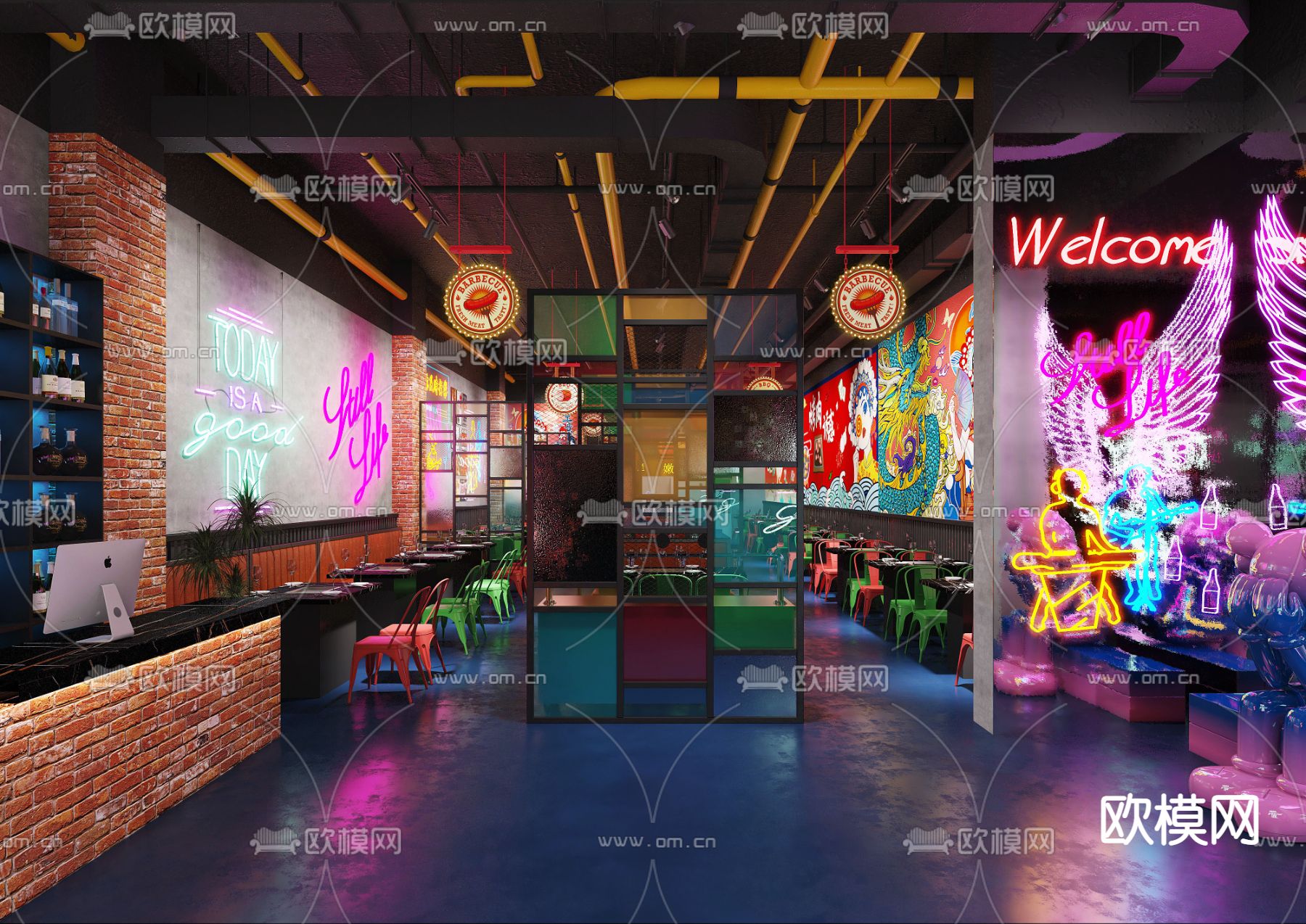 工业风混搭烤肉店3d模型下载（渲染图1）