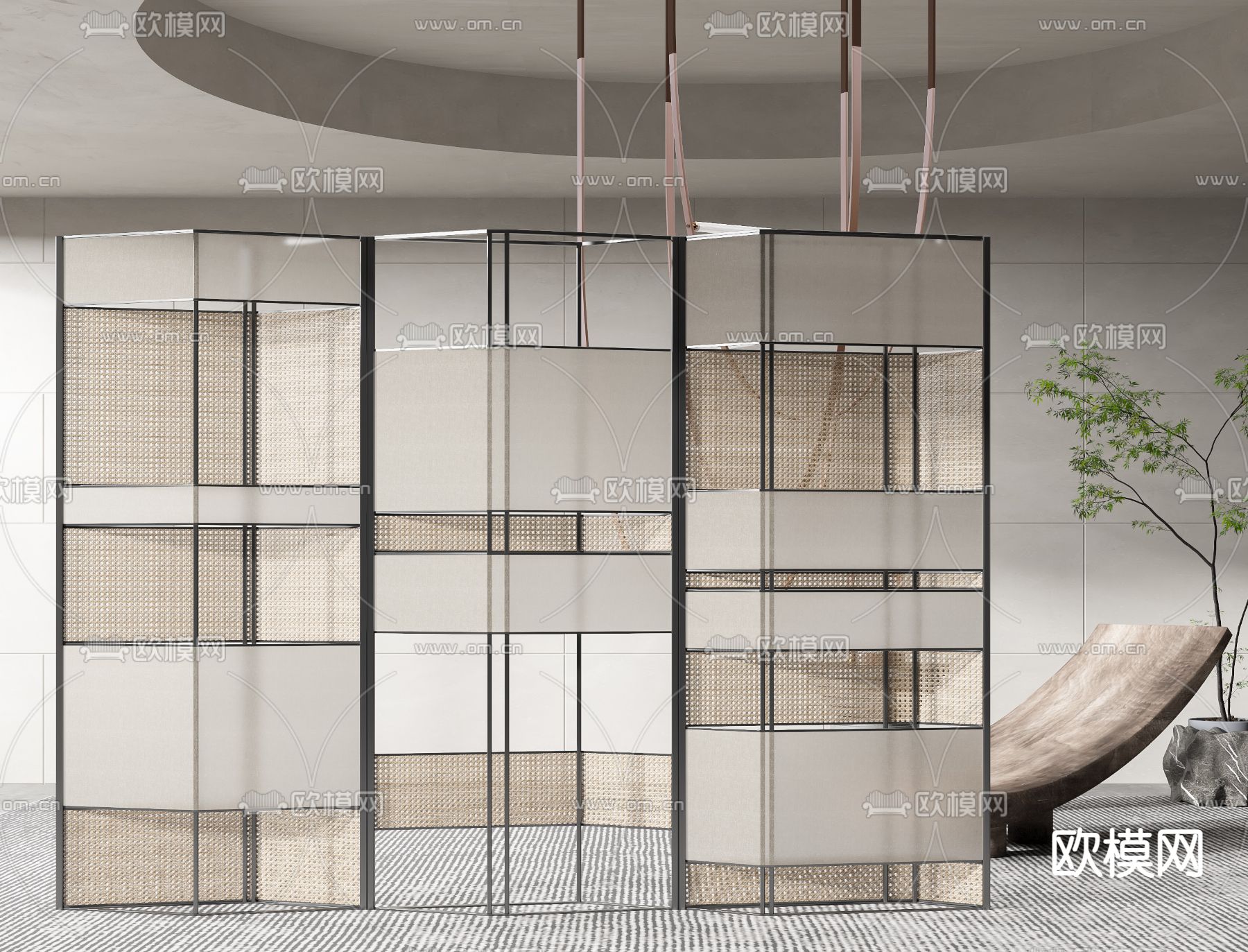 侘寂实木屏风隔断3d模型下载（渲染图2）