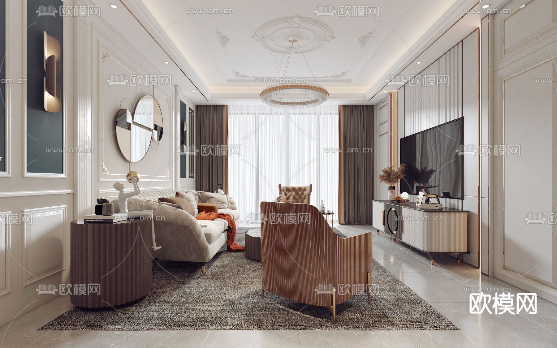 简欧客厅餐厅3d模型下载（渲染图2）