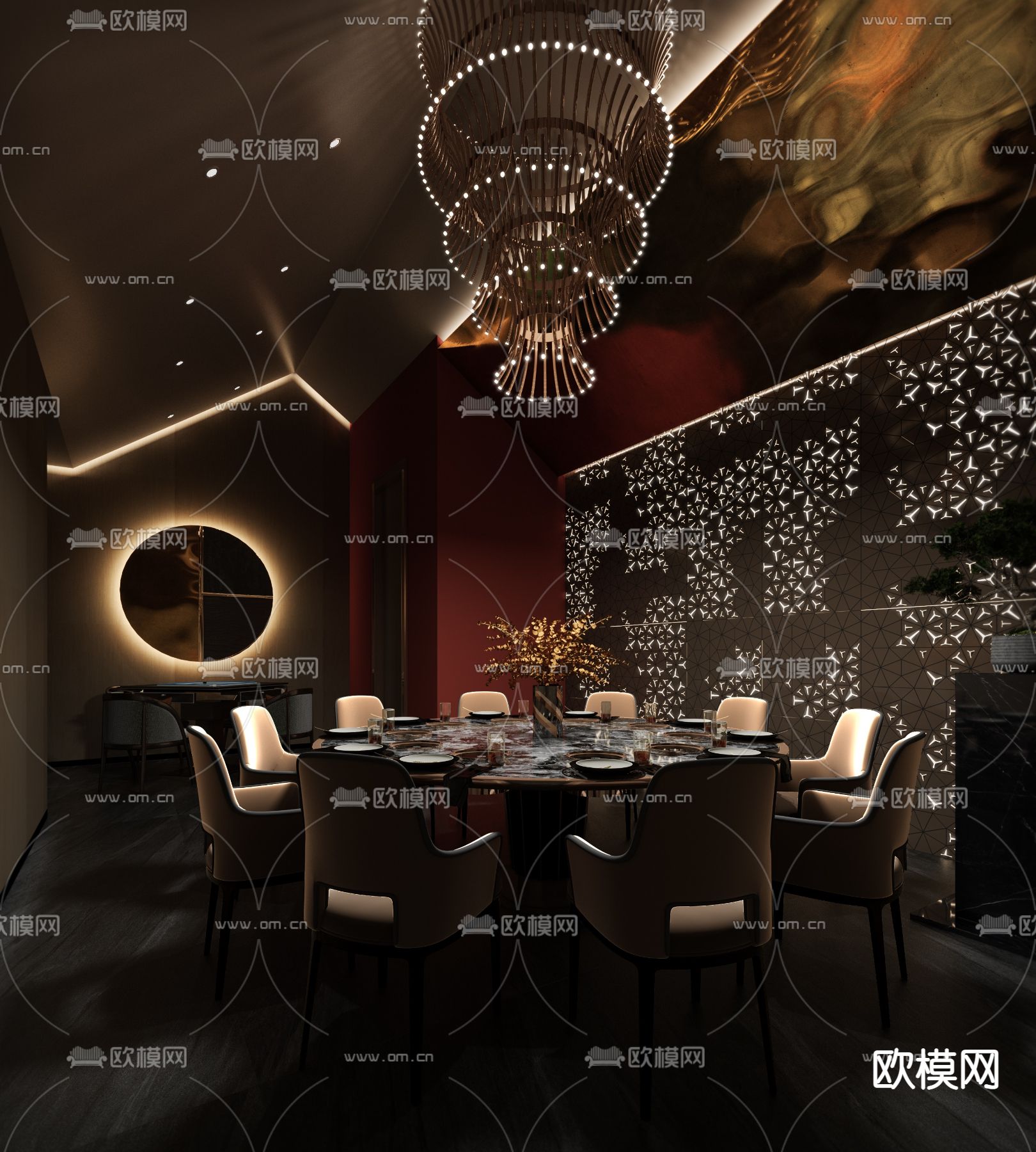 新中式轻奢餐厅包房3d模型下载_ID11518728_3dmax免费模型-欧模网