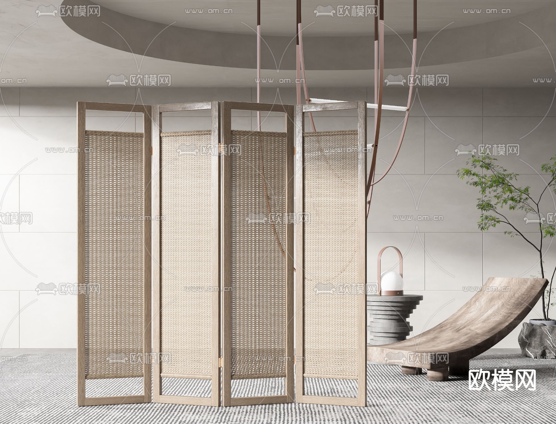 侘寂实木屏风隔断3d模型下载（渲染图4）