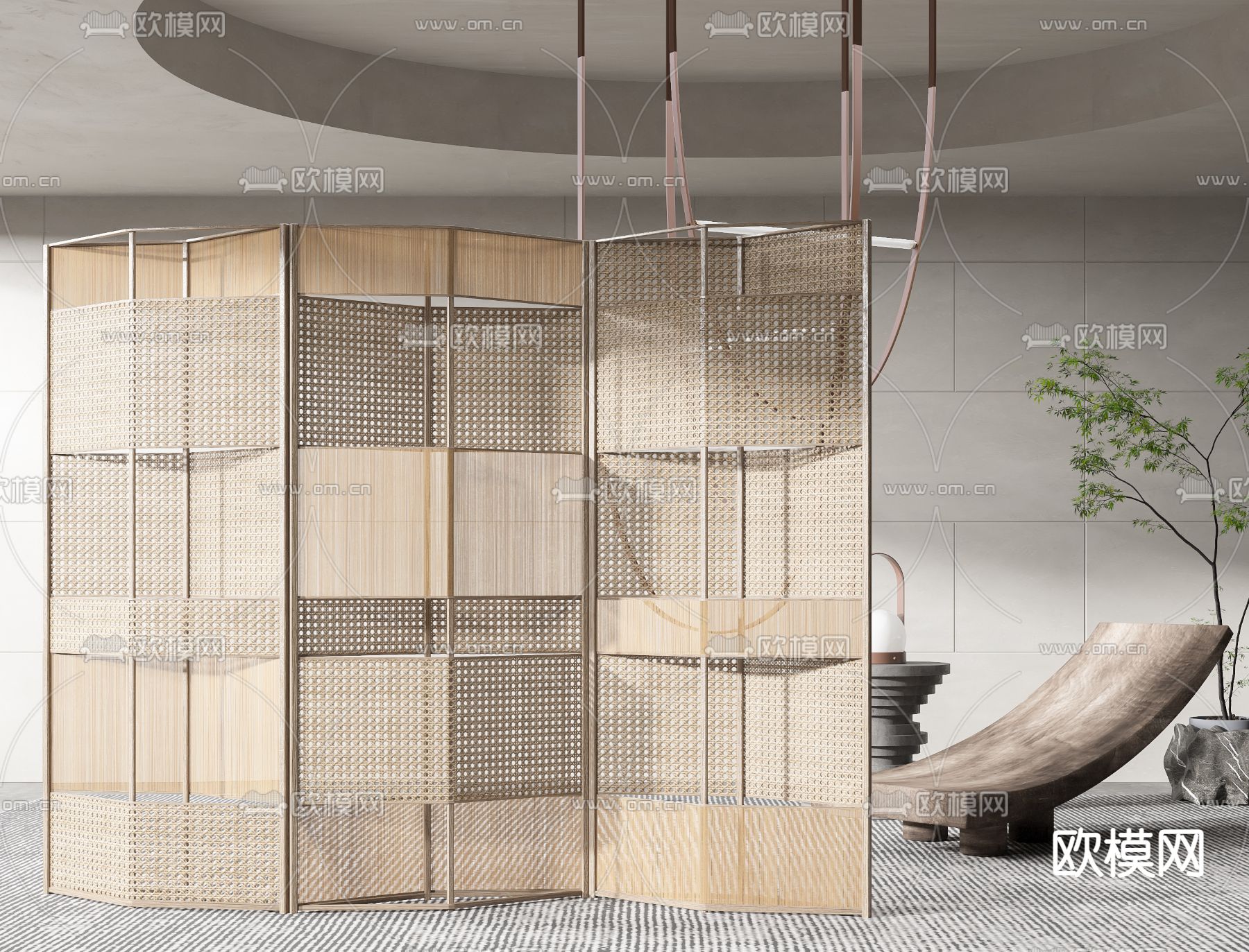 侘寂实木屏风隔断3d模型下载（渲染图3）