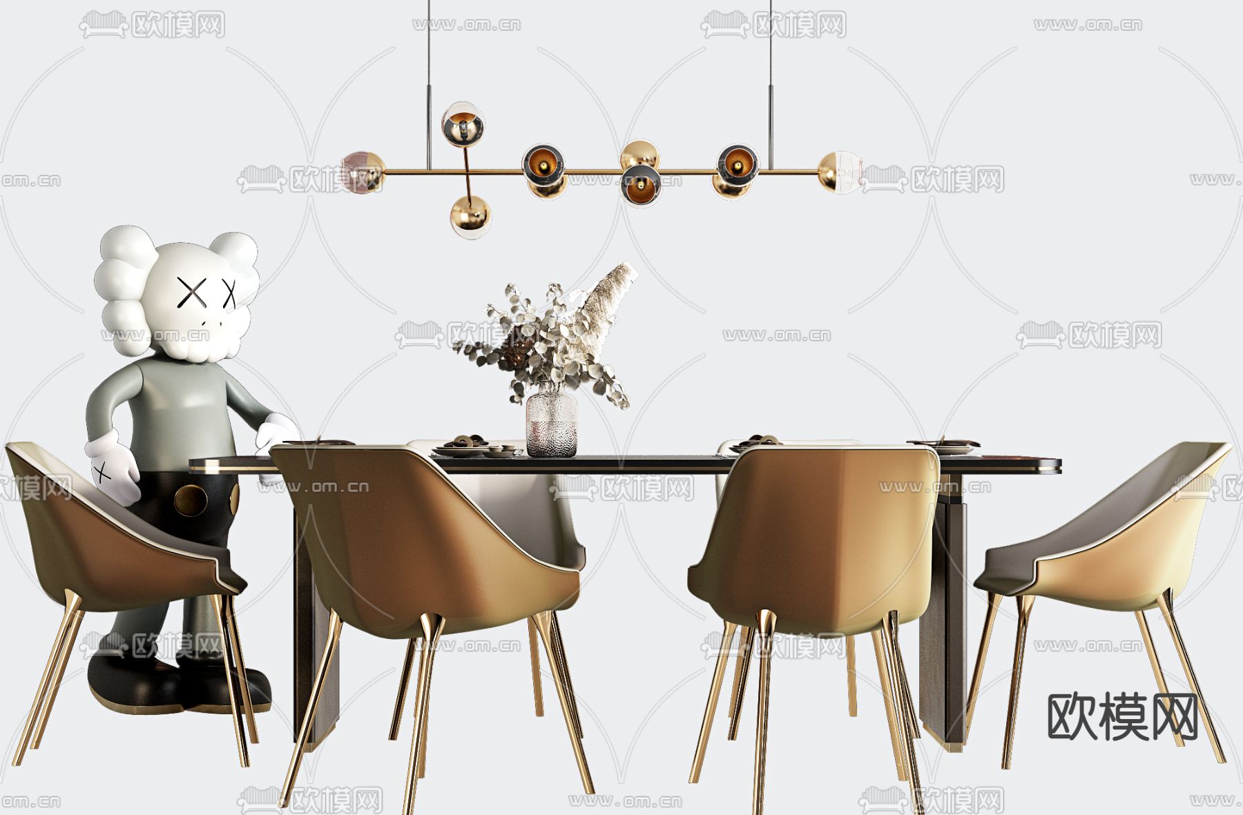 现代条形餐桌椅3d模型下载