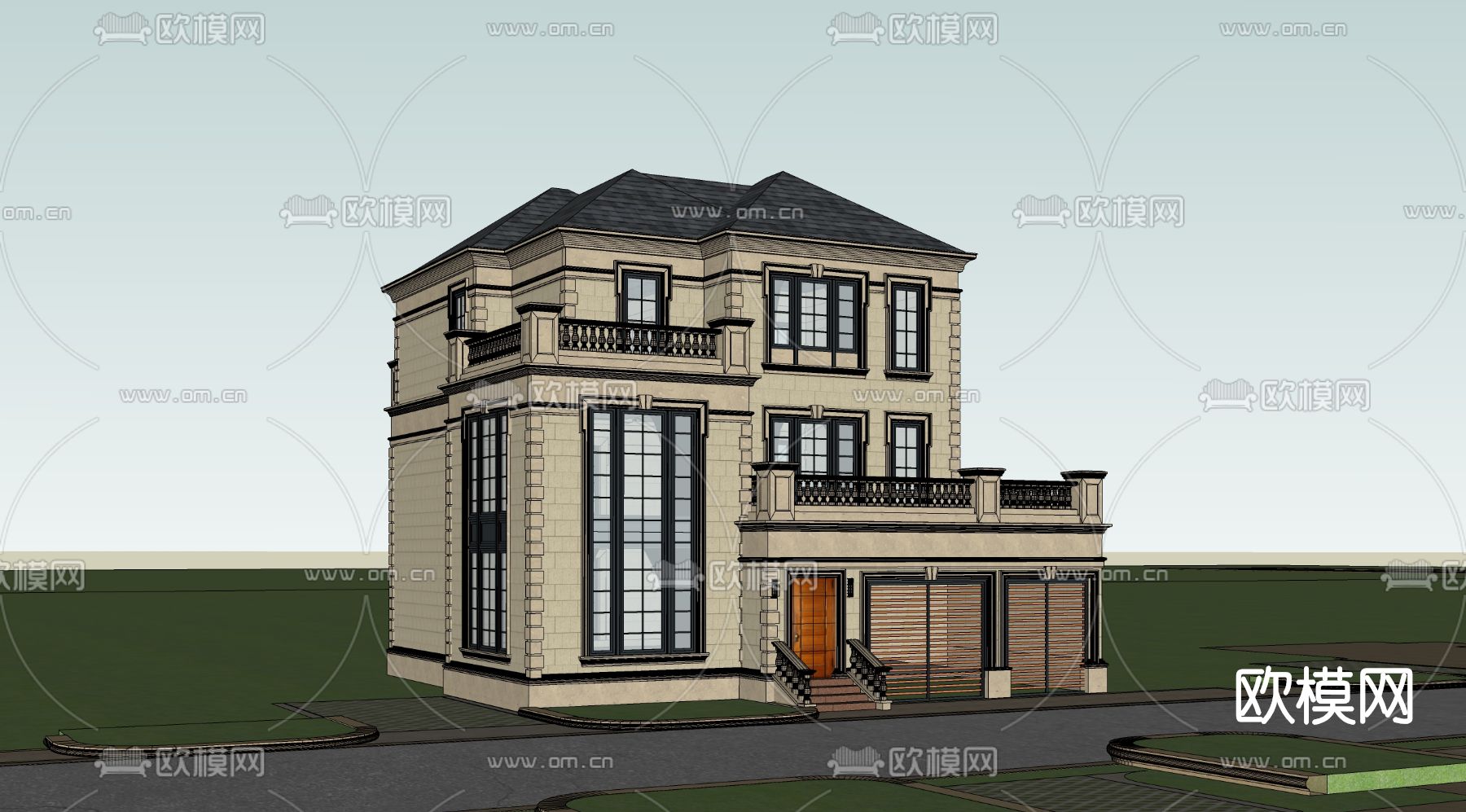 欧式独栋别墅外观su模型下载（渲染图3）
