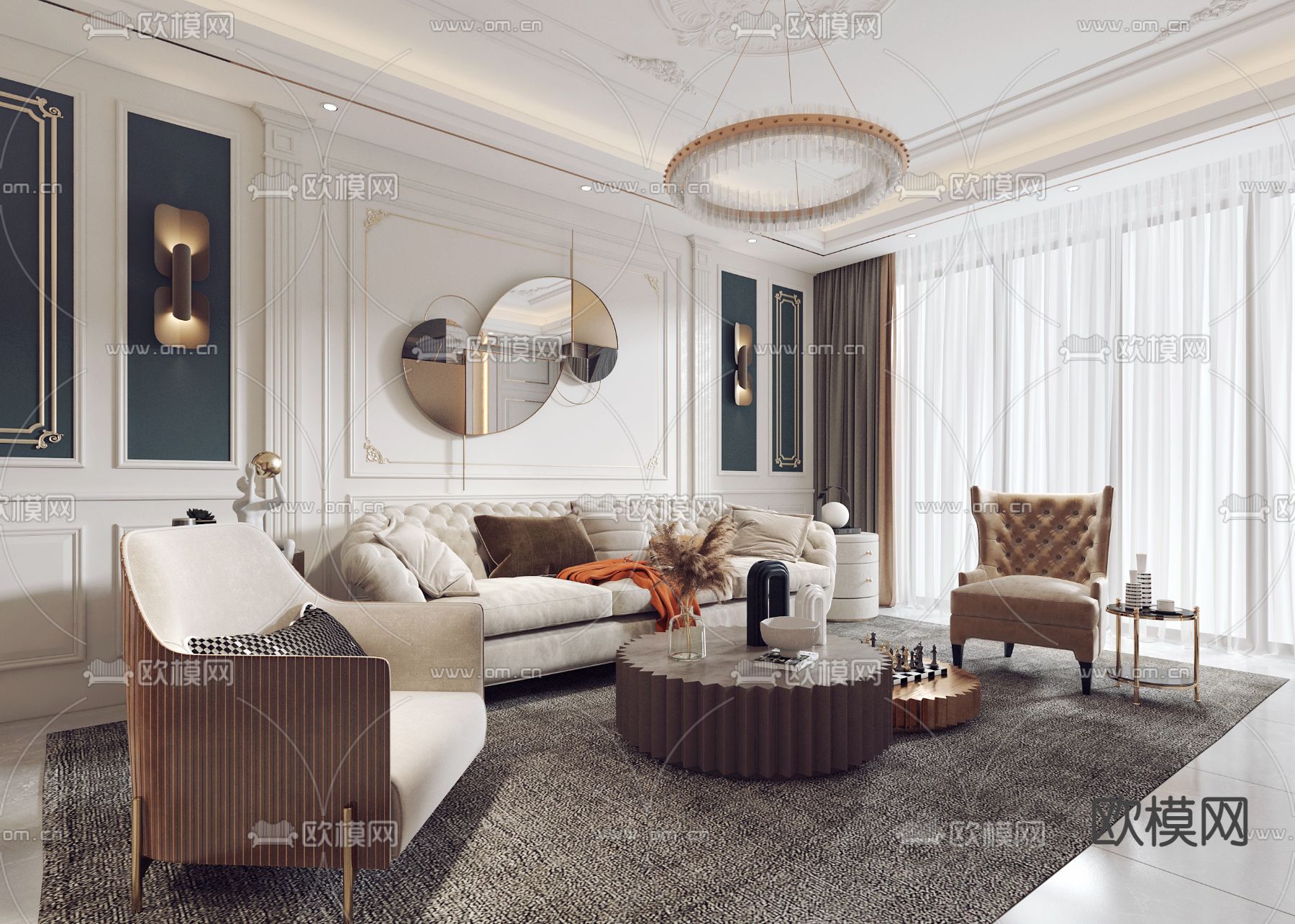简欧客厅餐厅3d模型下载（渲染图3）