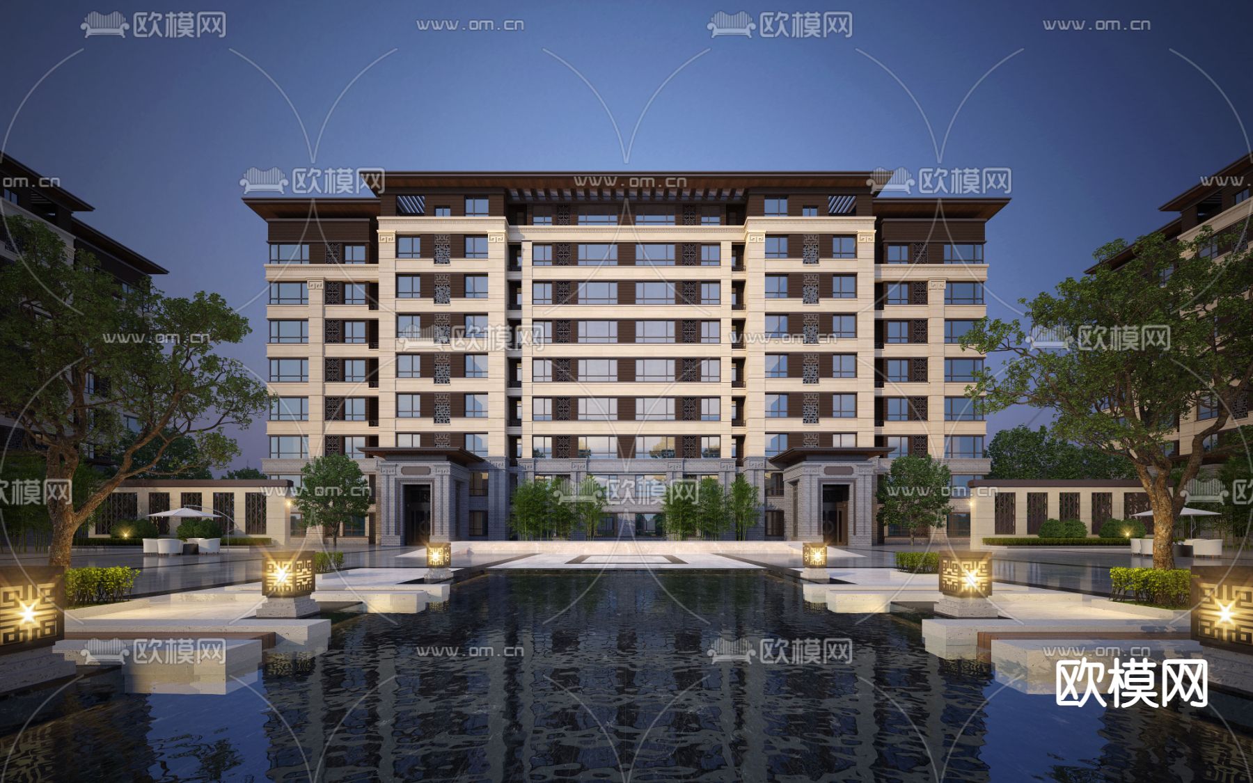 新中式多层住宅楼外观夜景3d模型下载