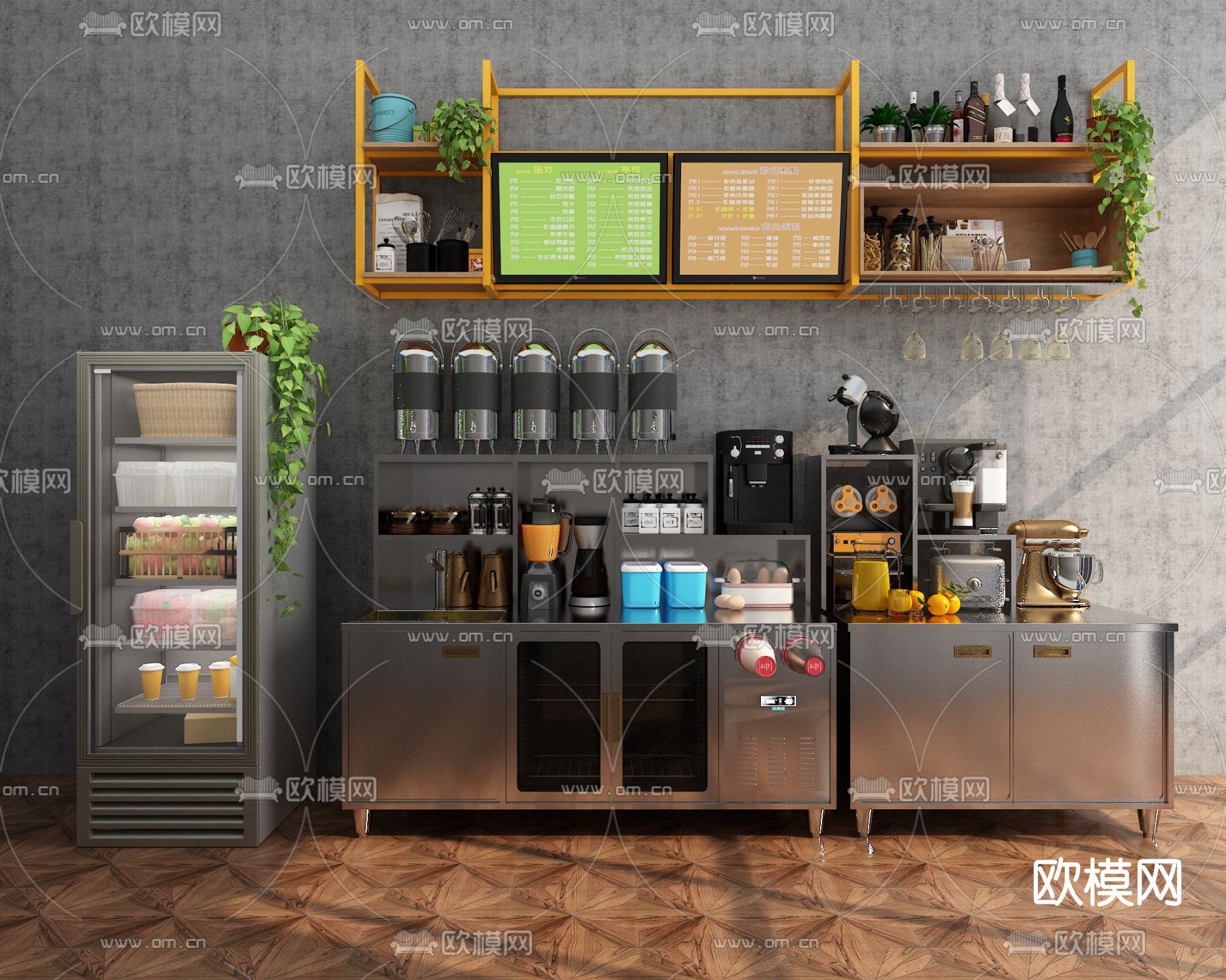 现代奶茶店操作台su模型下载（渲染图1）
