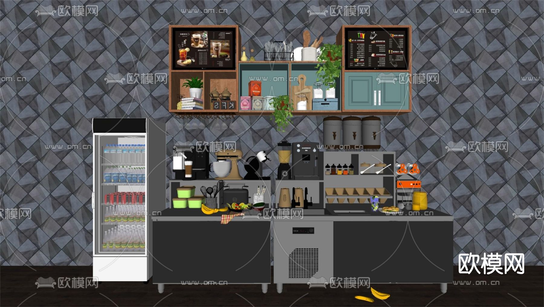 现代奶茶店操作台su模型下载（渲染图2）