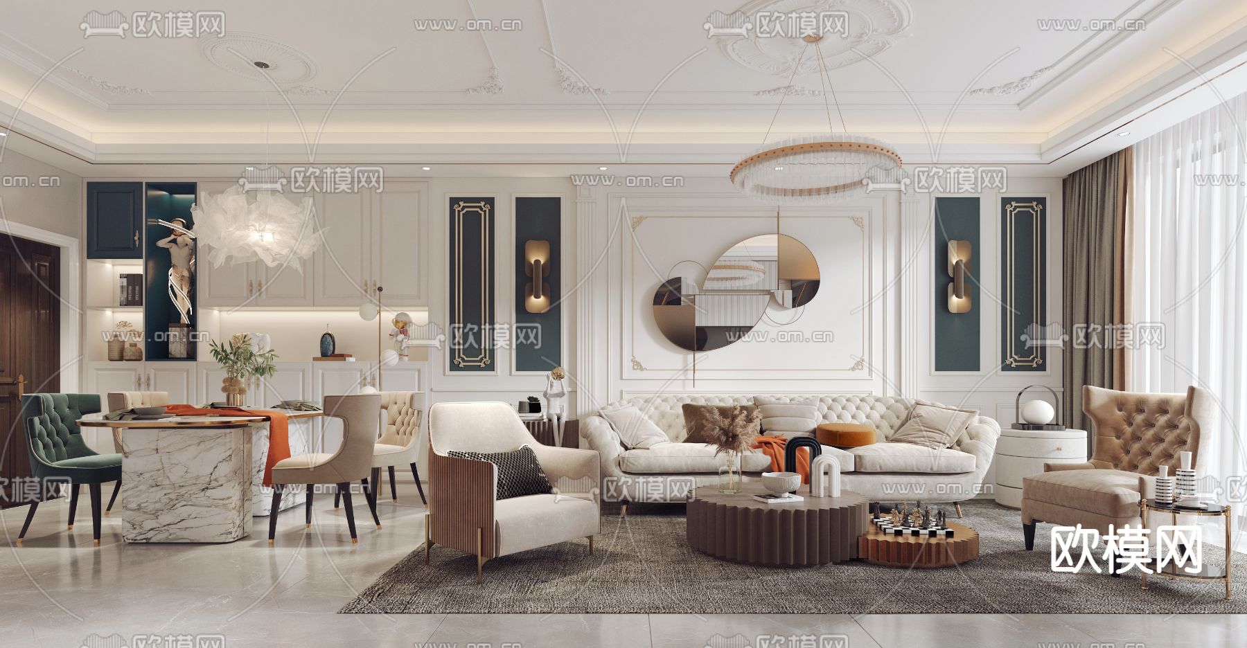 简欧客厅餐厅3d模型下载（渲染图1）