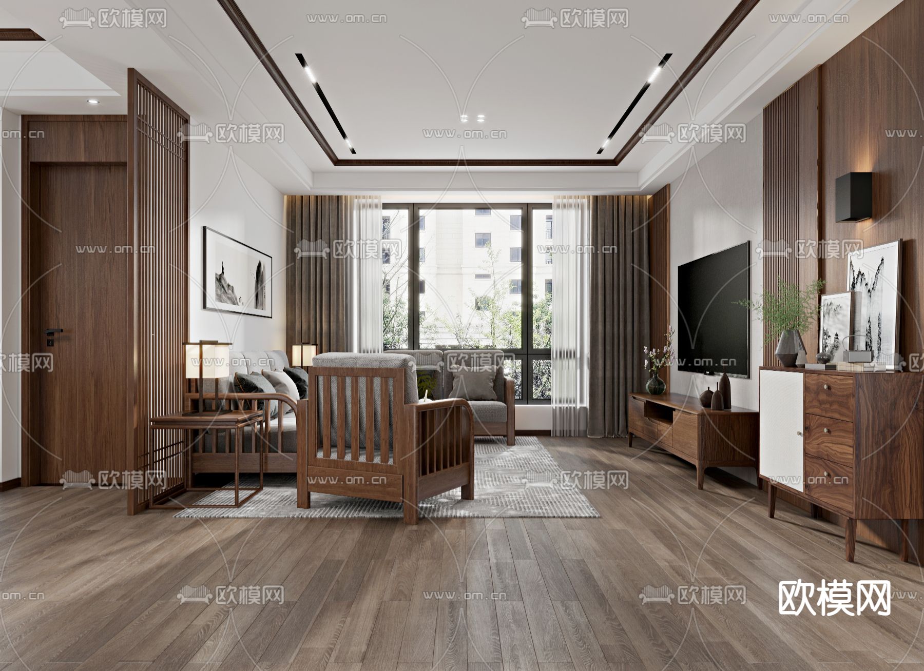 新中式客厅餐厅3d模型