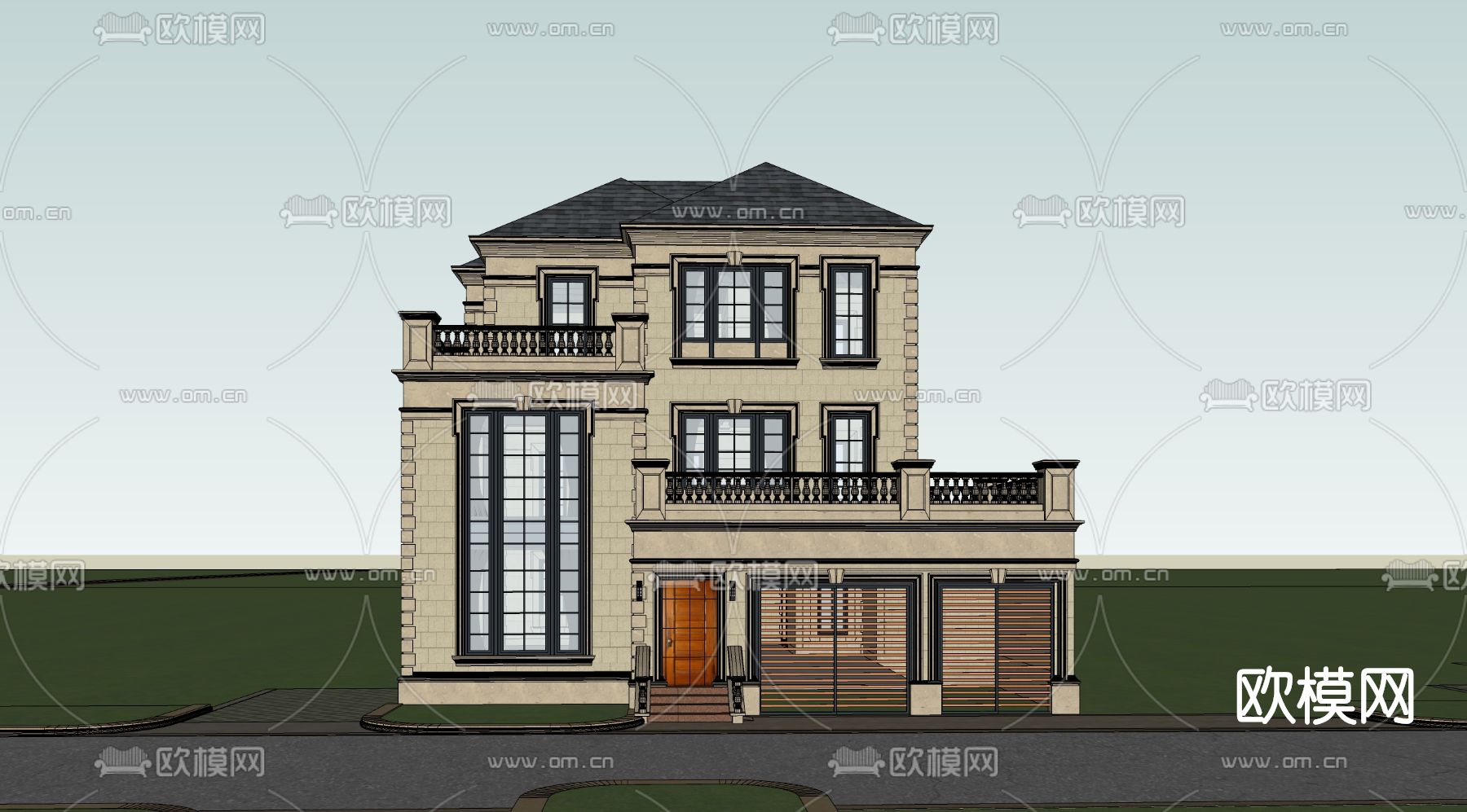 欧式独栋别墅外观su模型下载（渲染图2）