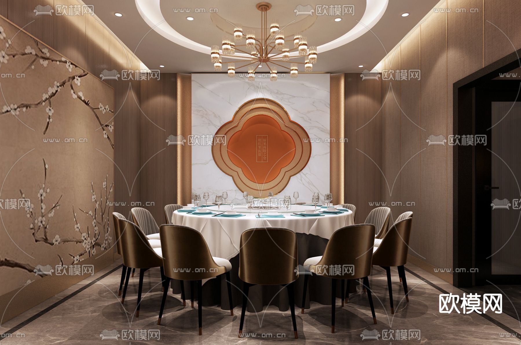 新中式餐厅包间免费3d模型下载（渲染图1）