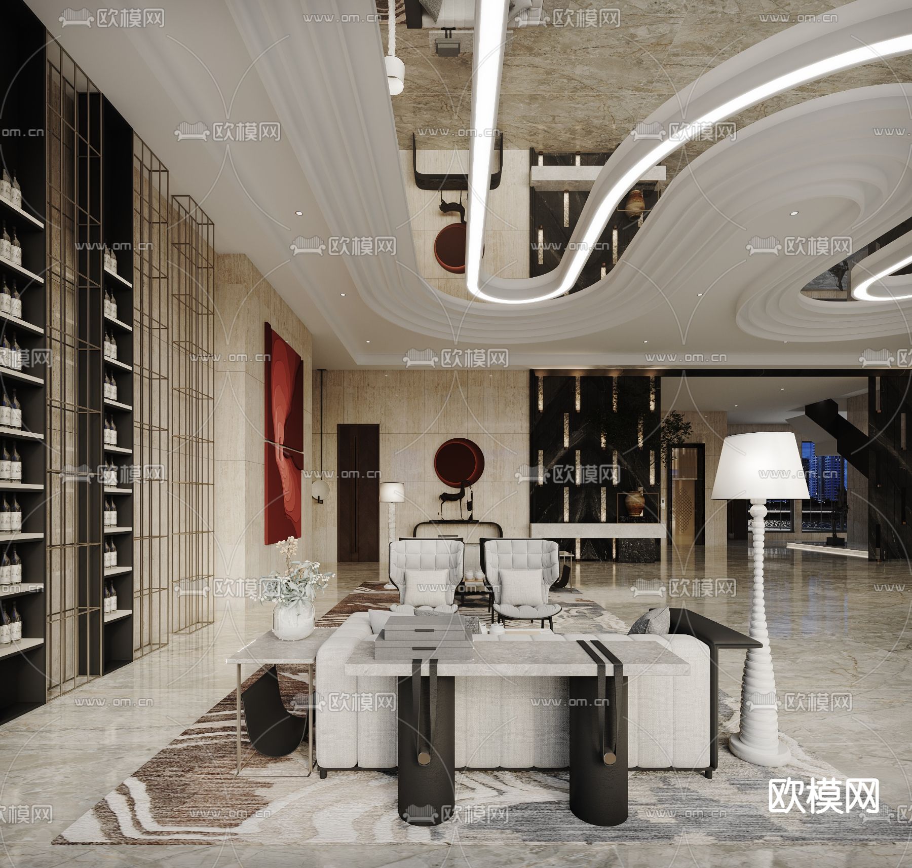 新中式轻奢酒店大堂前台3d模型
