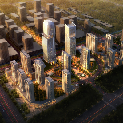  现代住宅小区鸟瞰夜景3d模型 