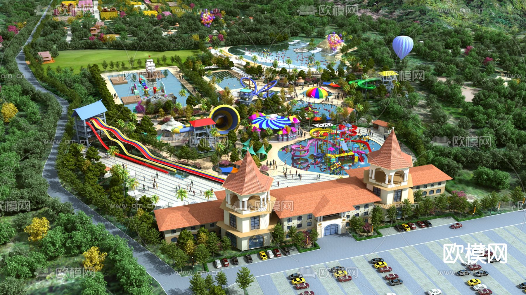 现代水上游乐场鸟瞰3d模型下载