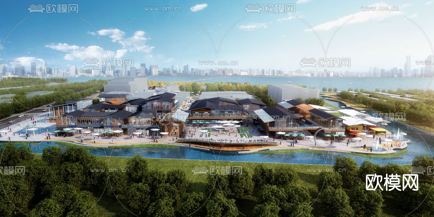 新中式商业街鸟瞰su模型