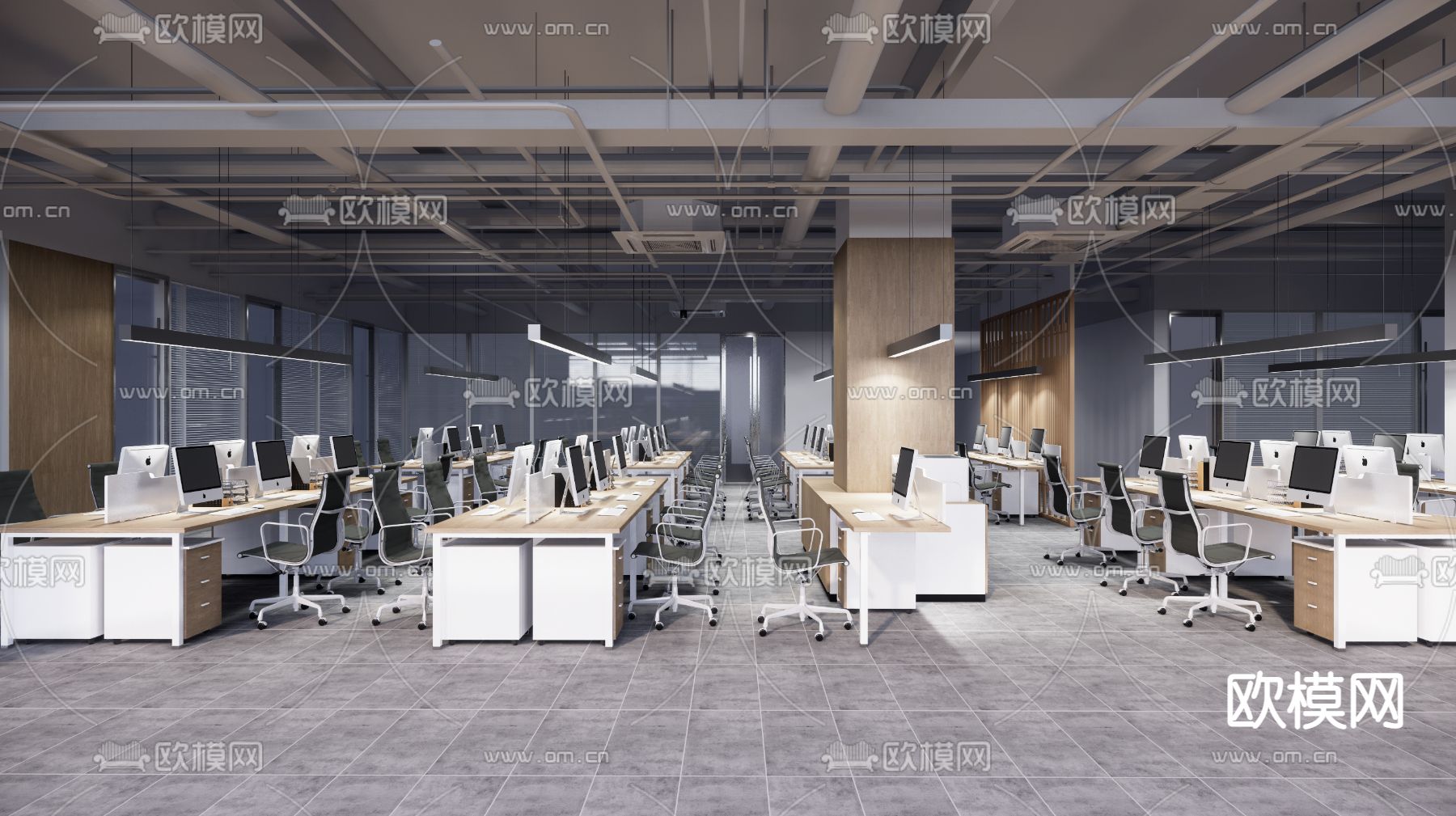 现代敞开式办公室su模型下载（渲染图1）