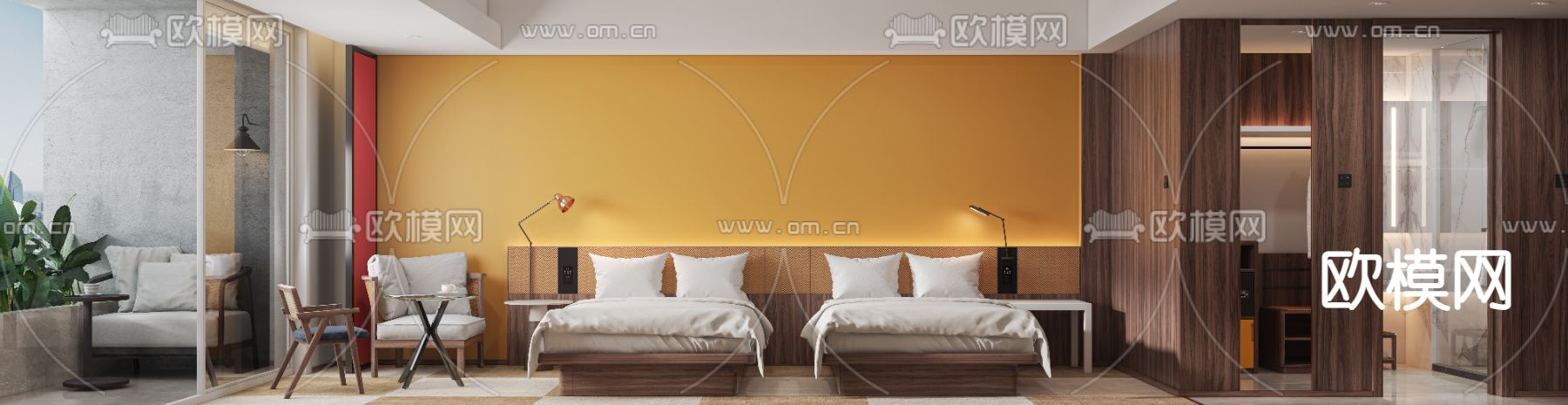 现代酒店双床客房3d模型下载（渲染图2）