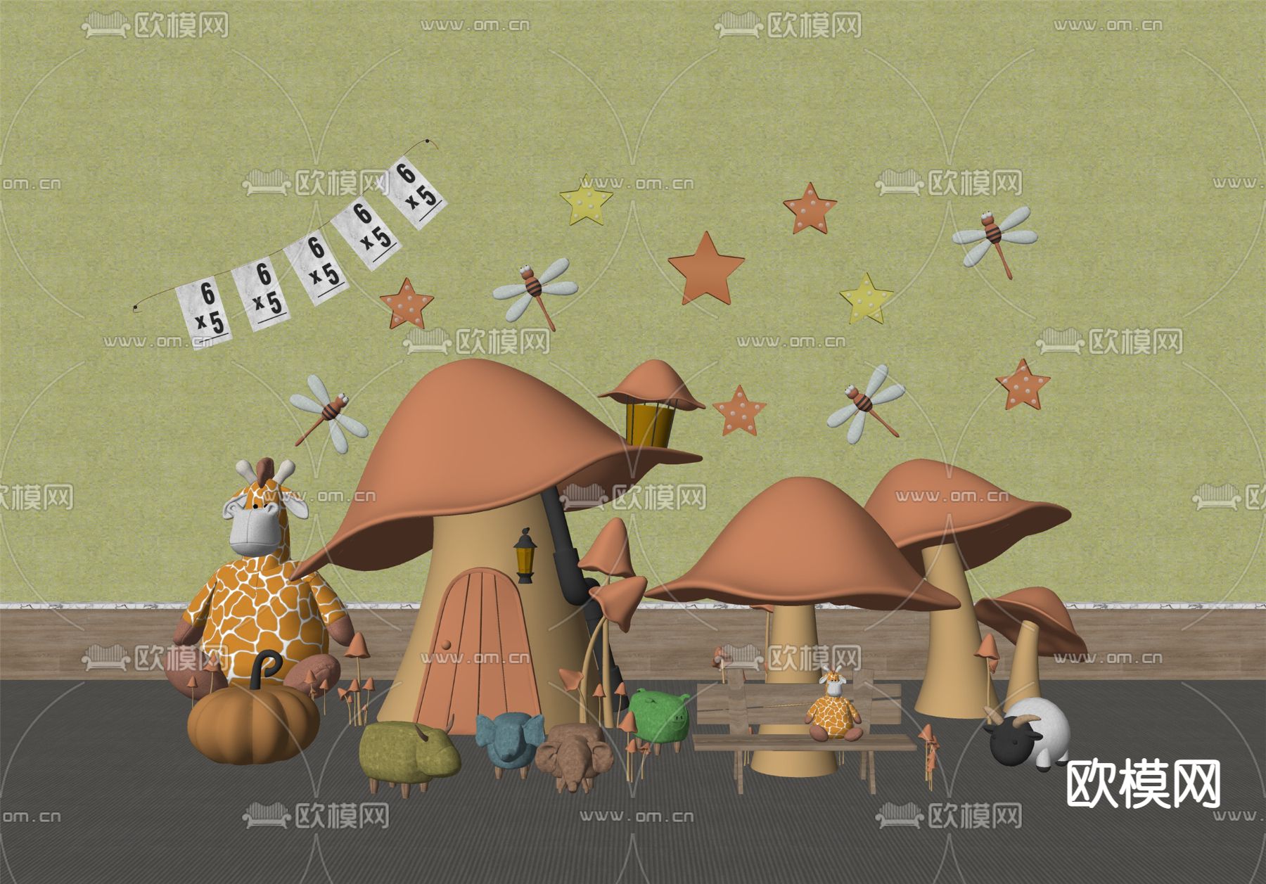 现代儿童蘑菇玩具su模型下载（渲染图3）