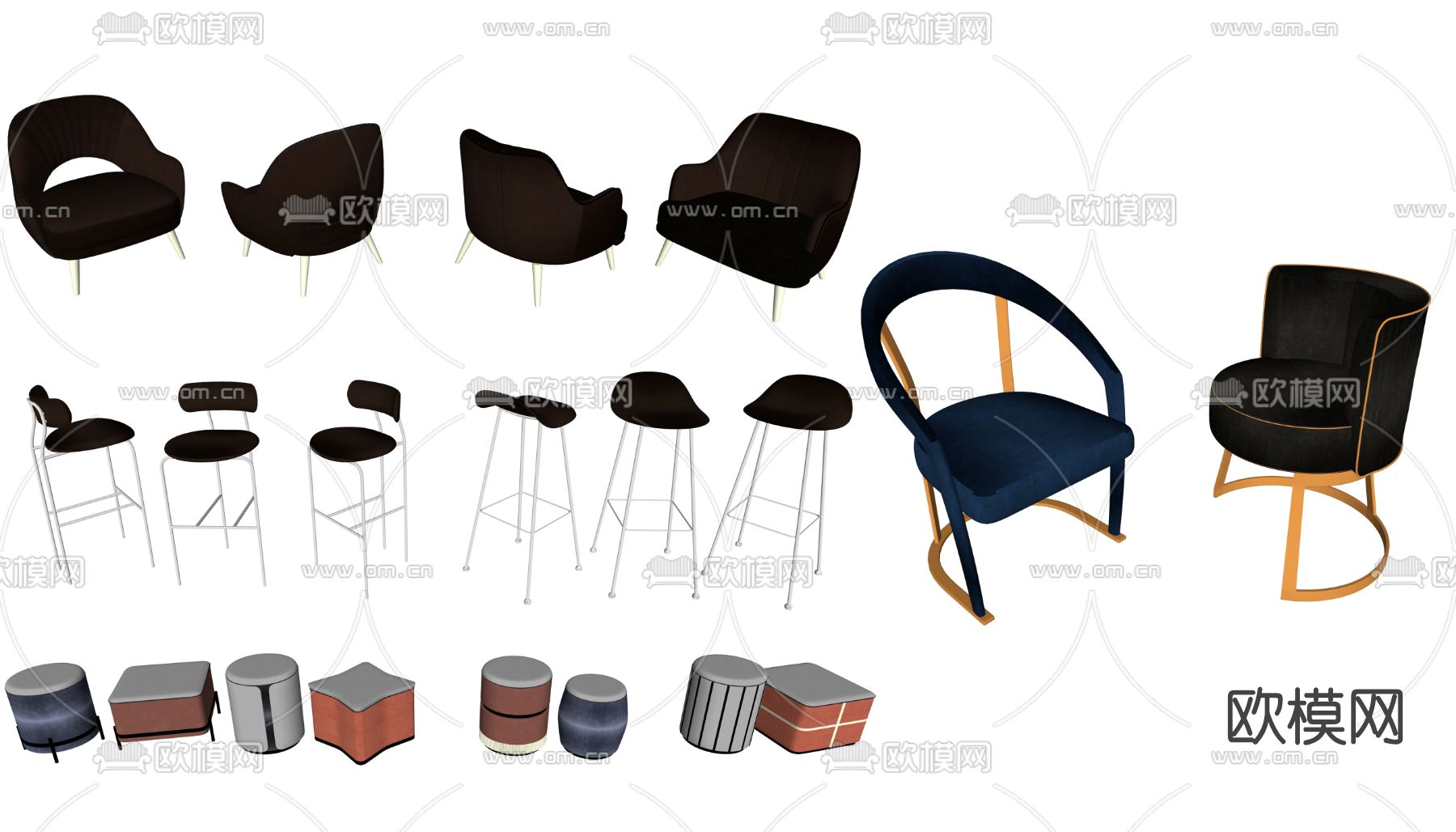 现代休闲椅吧椅矮凳su模型下载（渲染图2）