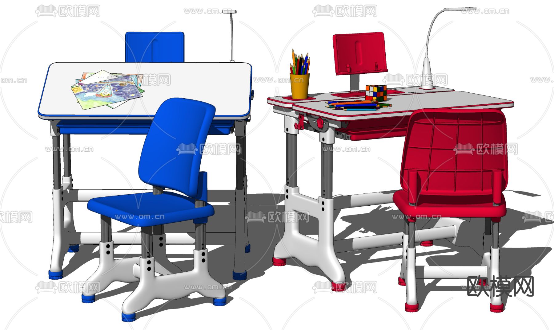 现代儿童学习桌椅su模型下载