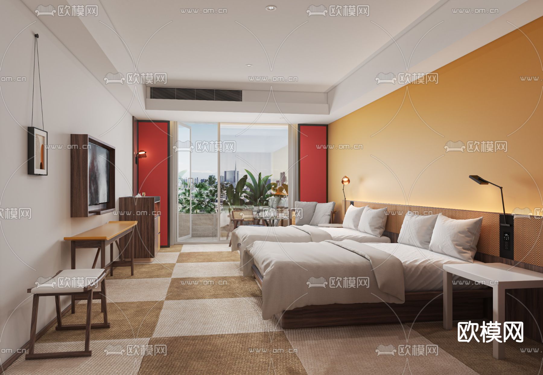 现代酒店双床客房3d模型下载（渲染图1）