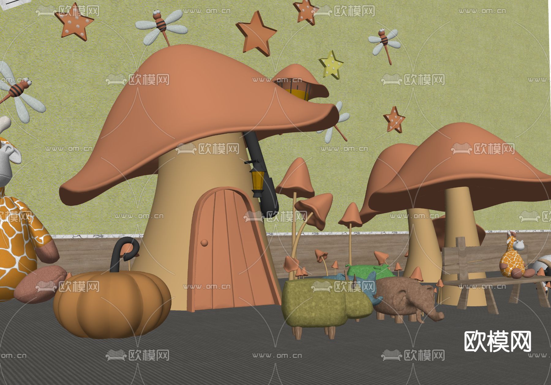 现代儿童蘑菇玩具su模型下载（渲染图1）