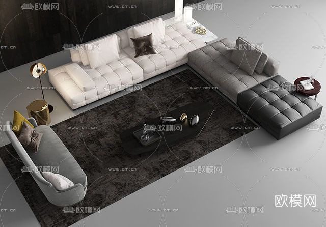 现代布艺转角沙发组合免费3d模型下载