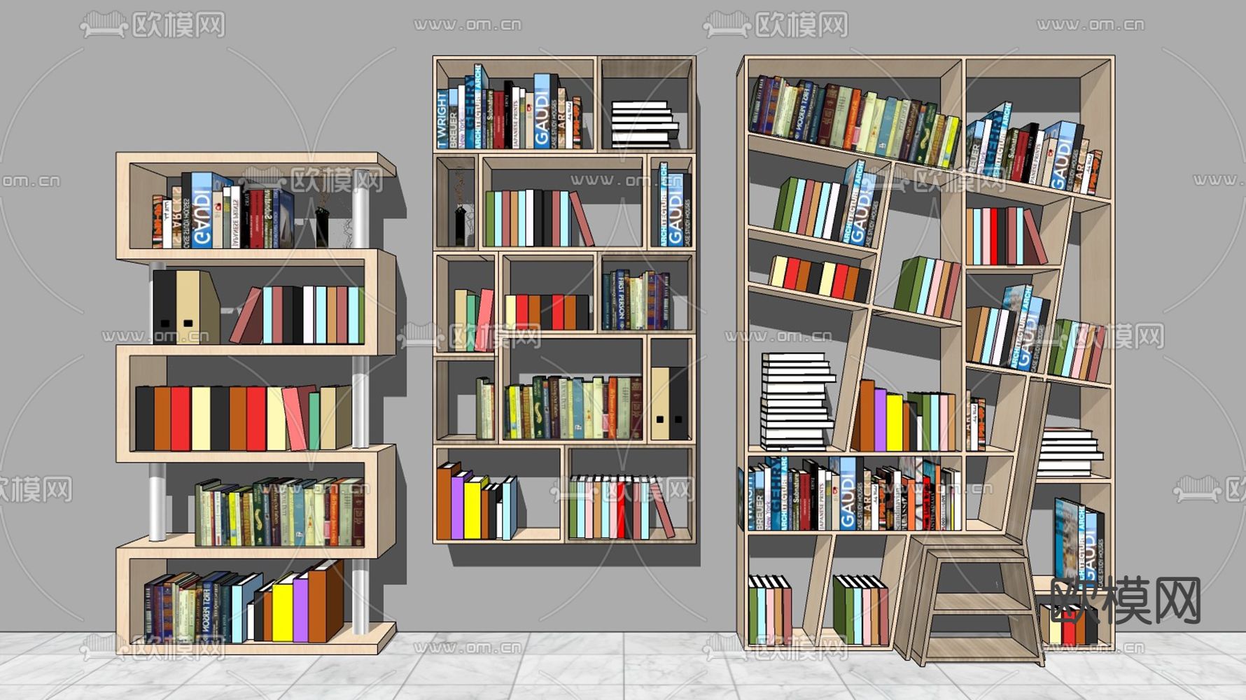 现代书柜书架su模型下载