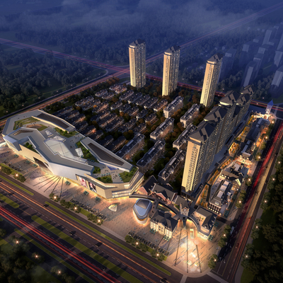  现代商业中心鸟瞰夜景3d模型 