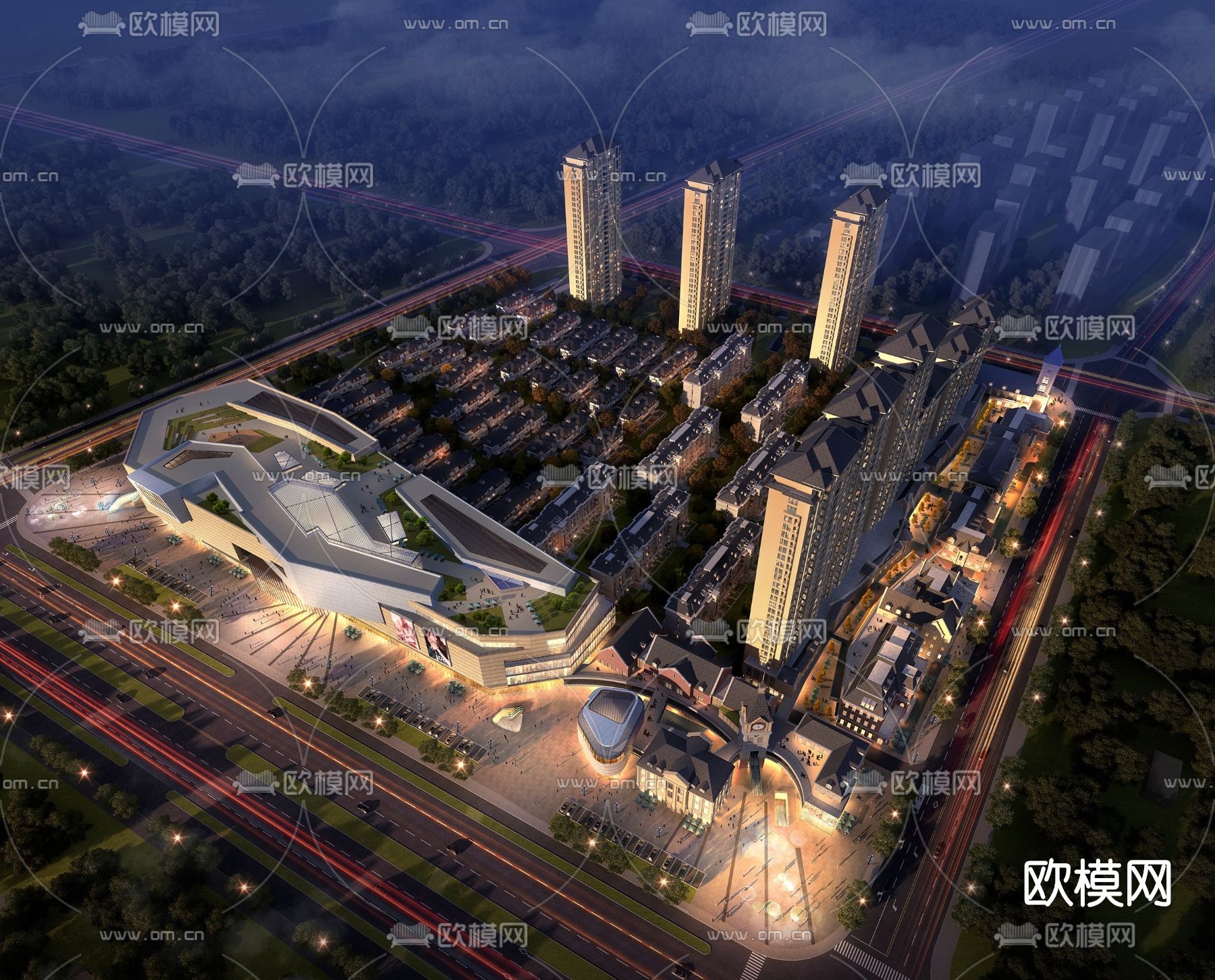 现代商业中心鸟瞰夜景3d模型下载（渲染图1）