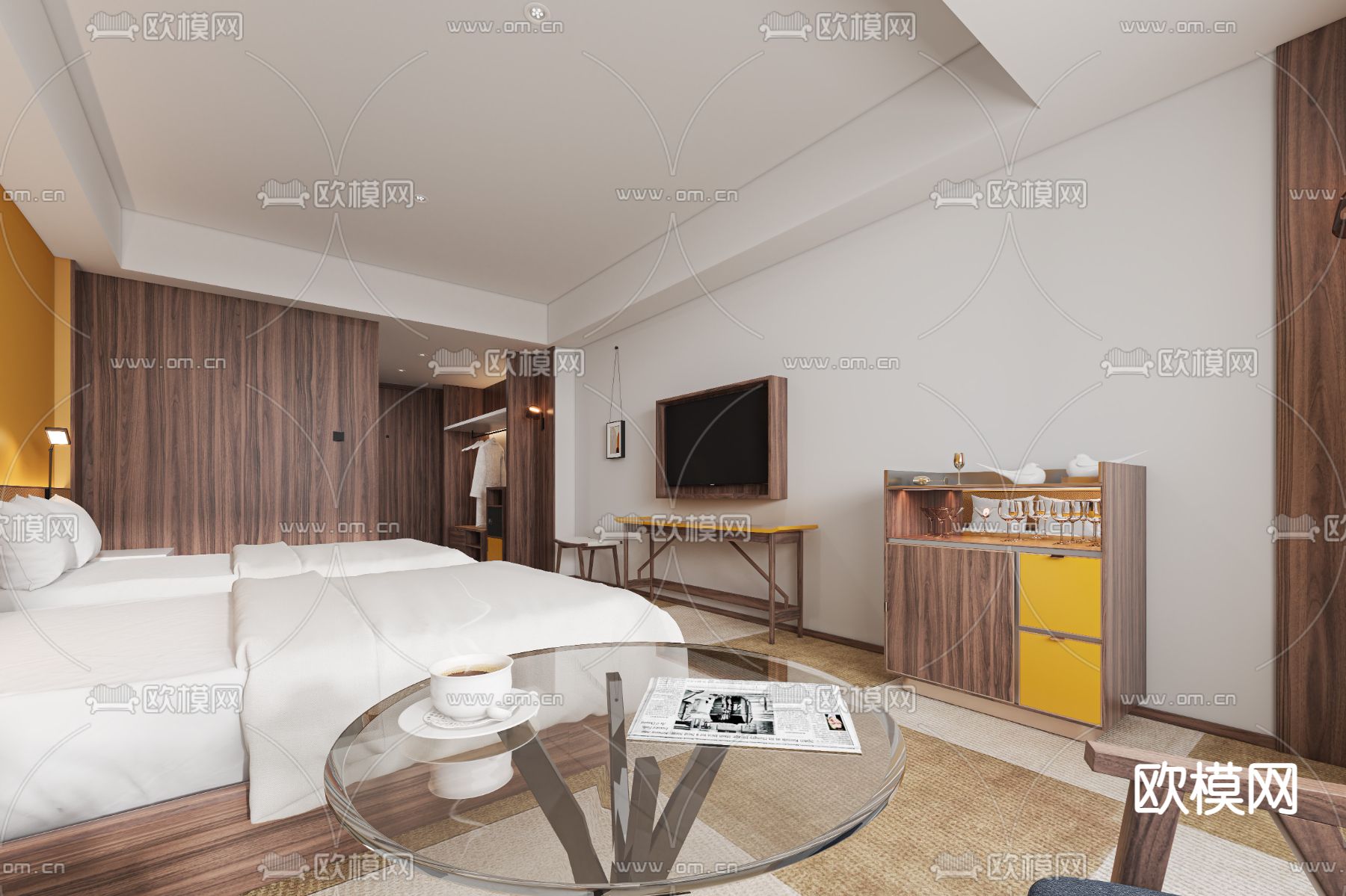 现代酒店双床客房3d模型下载（渲染图4）