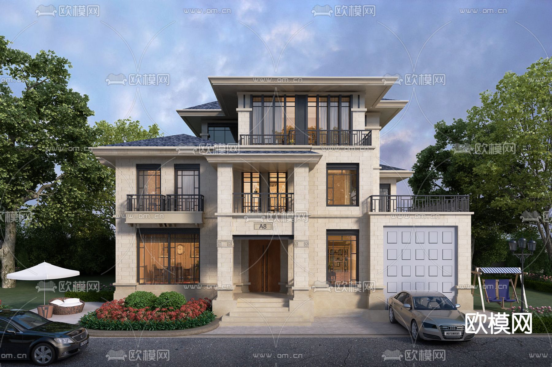 简欧独栋别墅外观3d模型下载