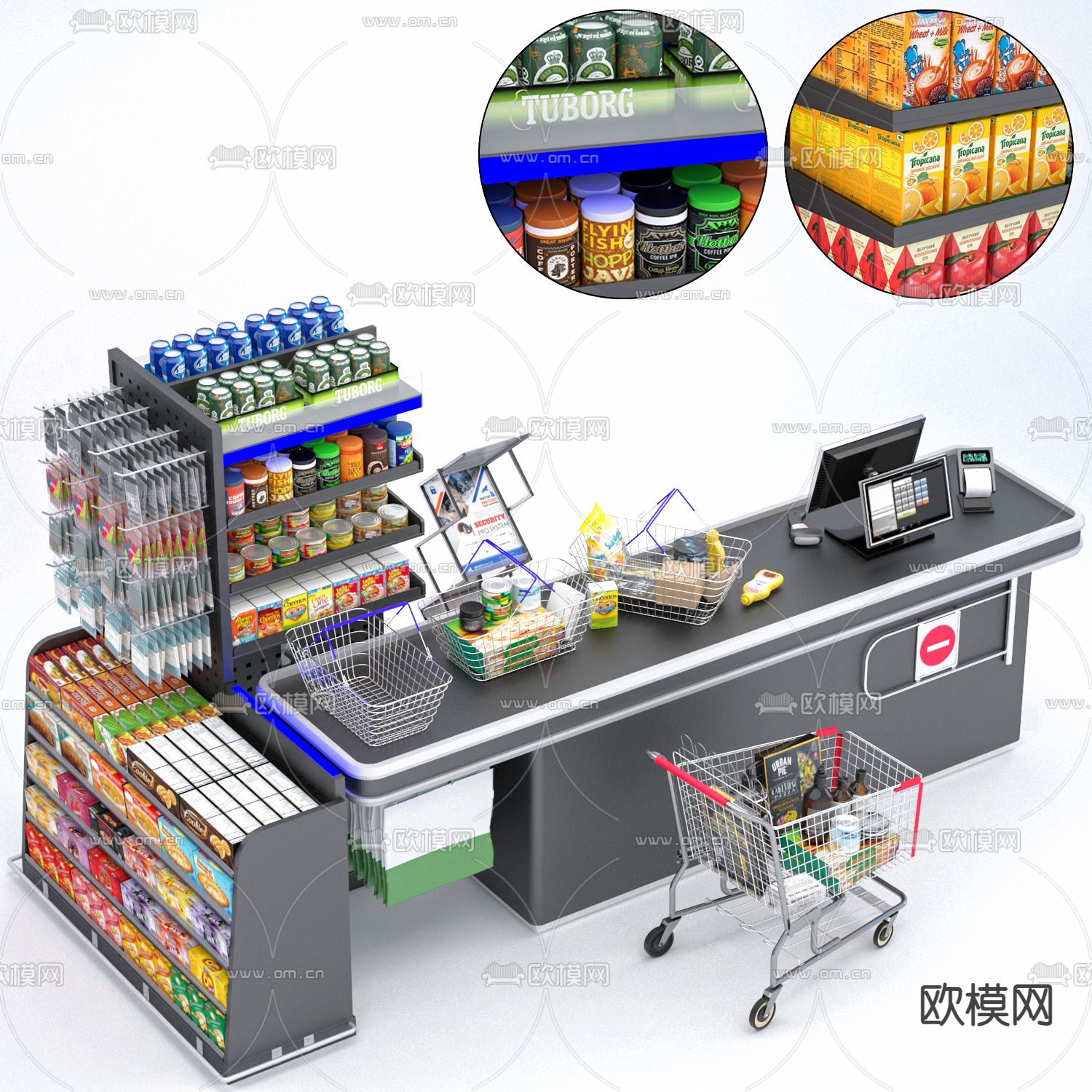 现代超市收银台零食货架3d模型
