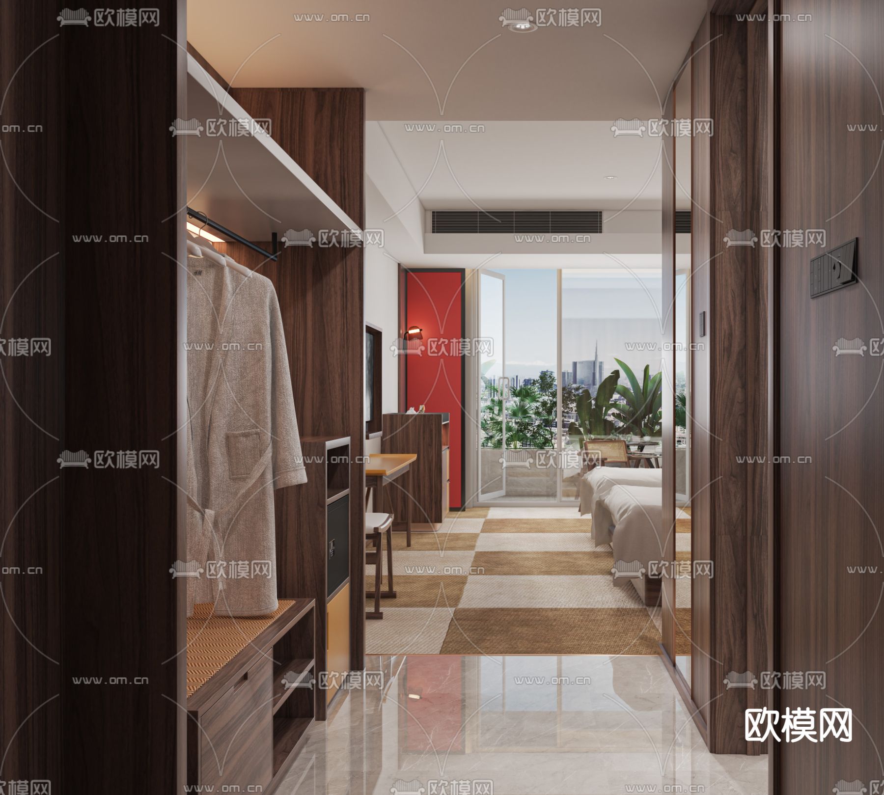 现代酒店双床客房3d模型下载（渲染图3）