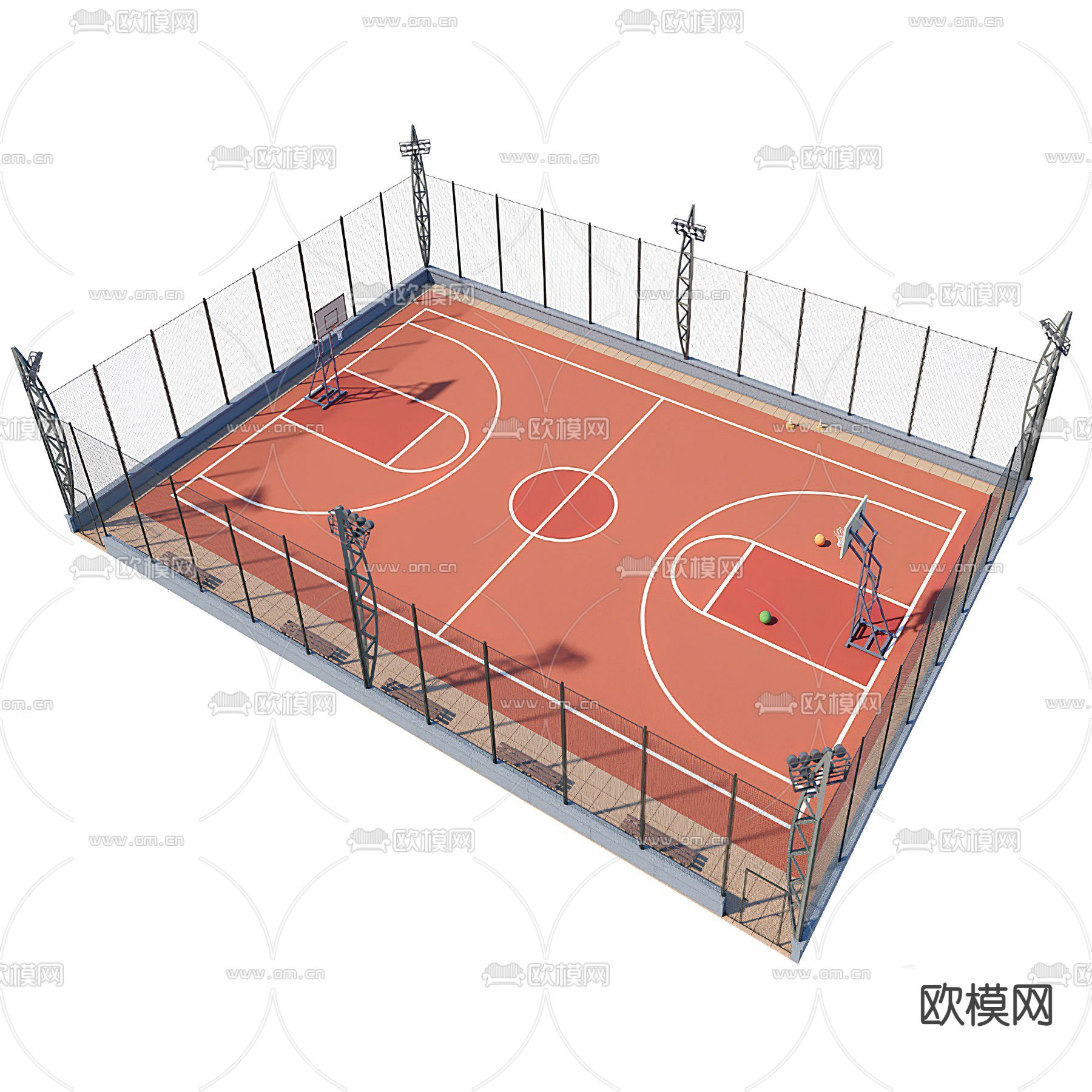 现代户外篮球场3d模型下载（渲染图2）