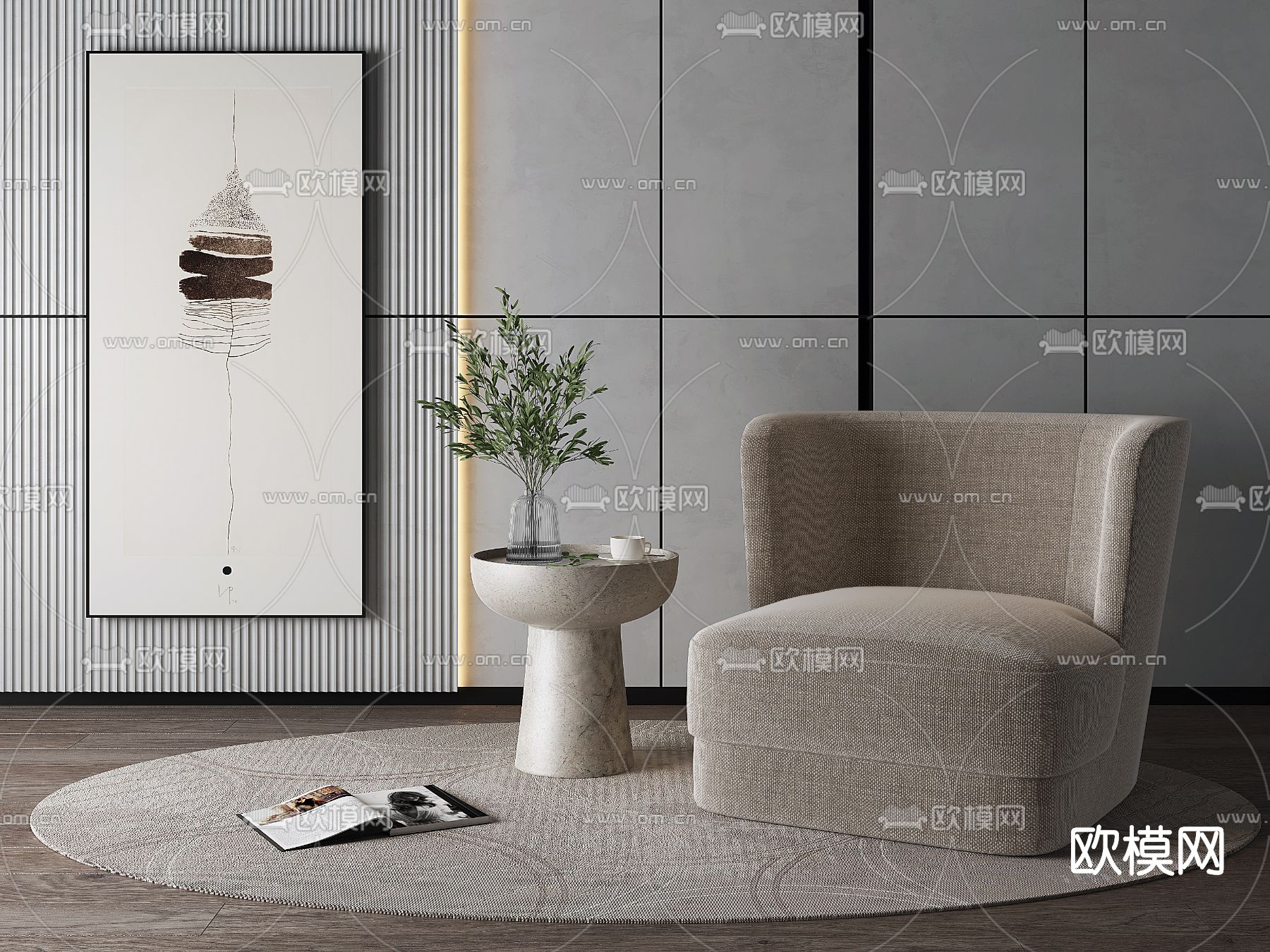 现代布艺单人沙发3d模型下载（渲染图1）