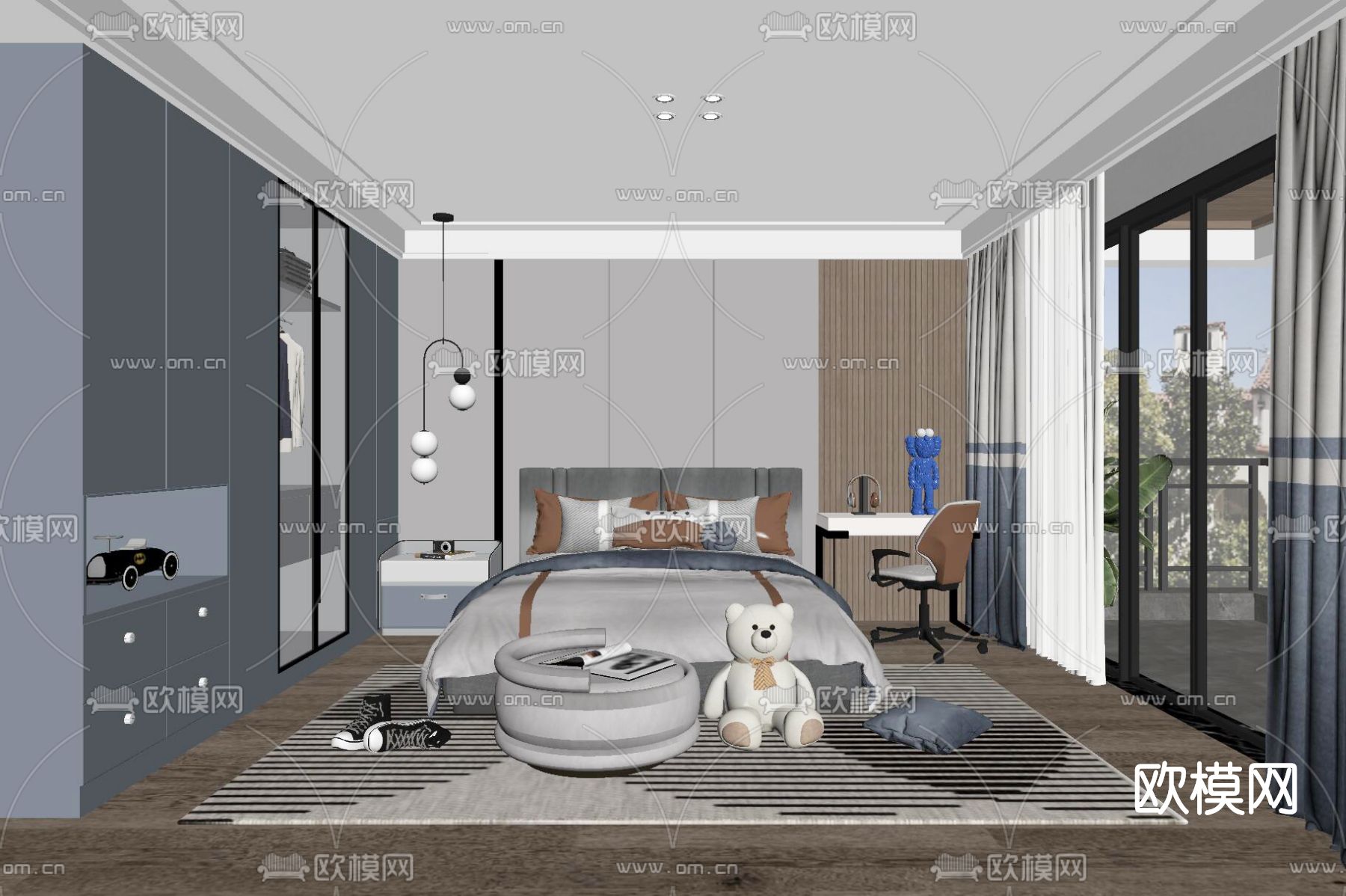 现代卧室男孩房su模型下载（渲染图2）