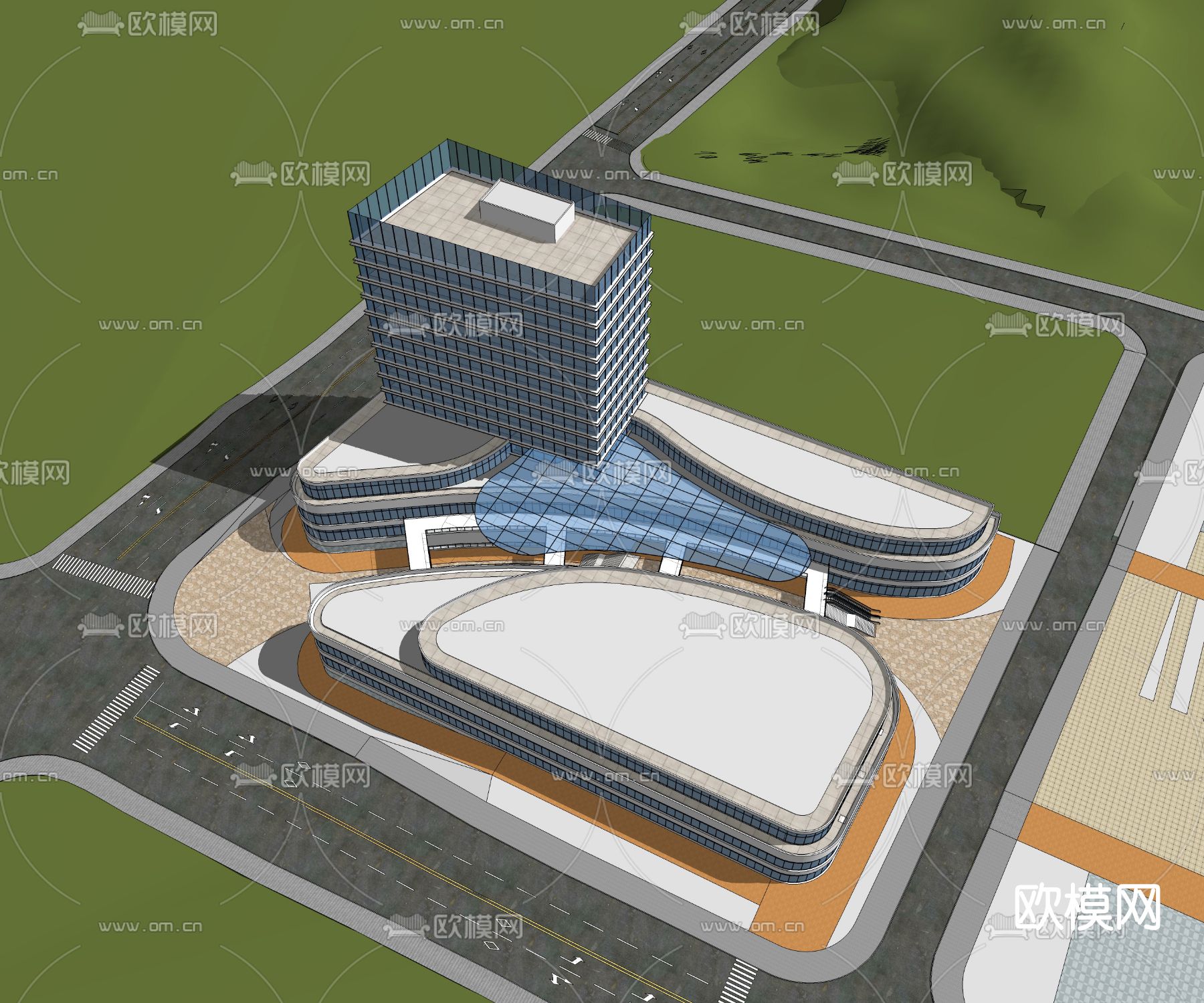 现代办公园区鸟瞰su模型下载（渲染图2）