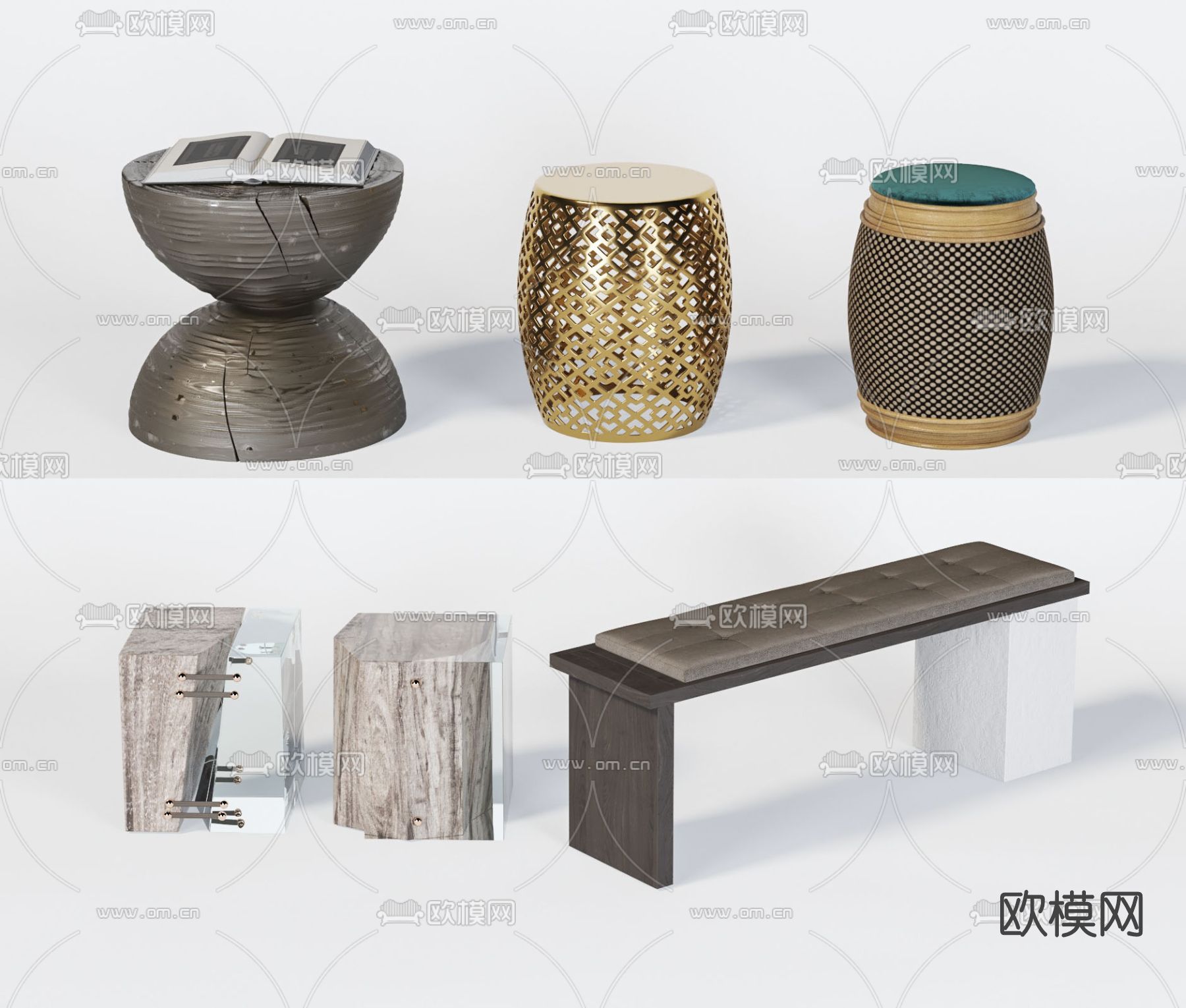 新中式长凳圆凳3d模型下载