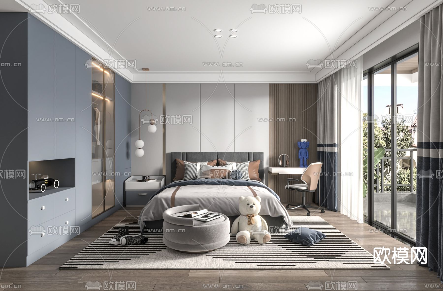 现代卧室男孩房su模型下载（渲染图1）