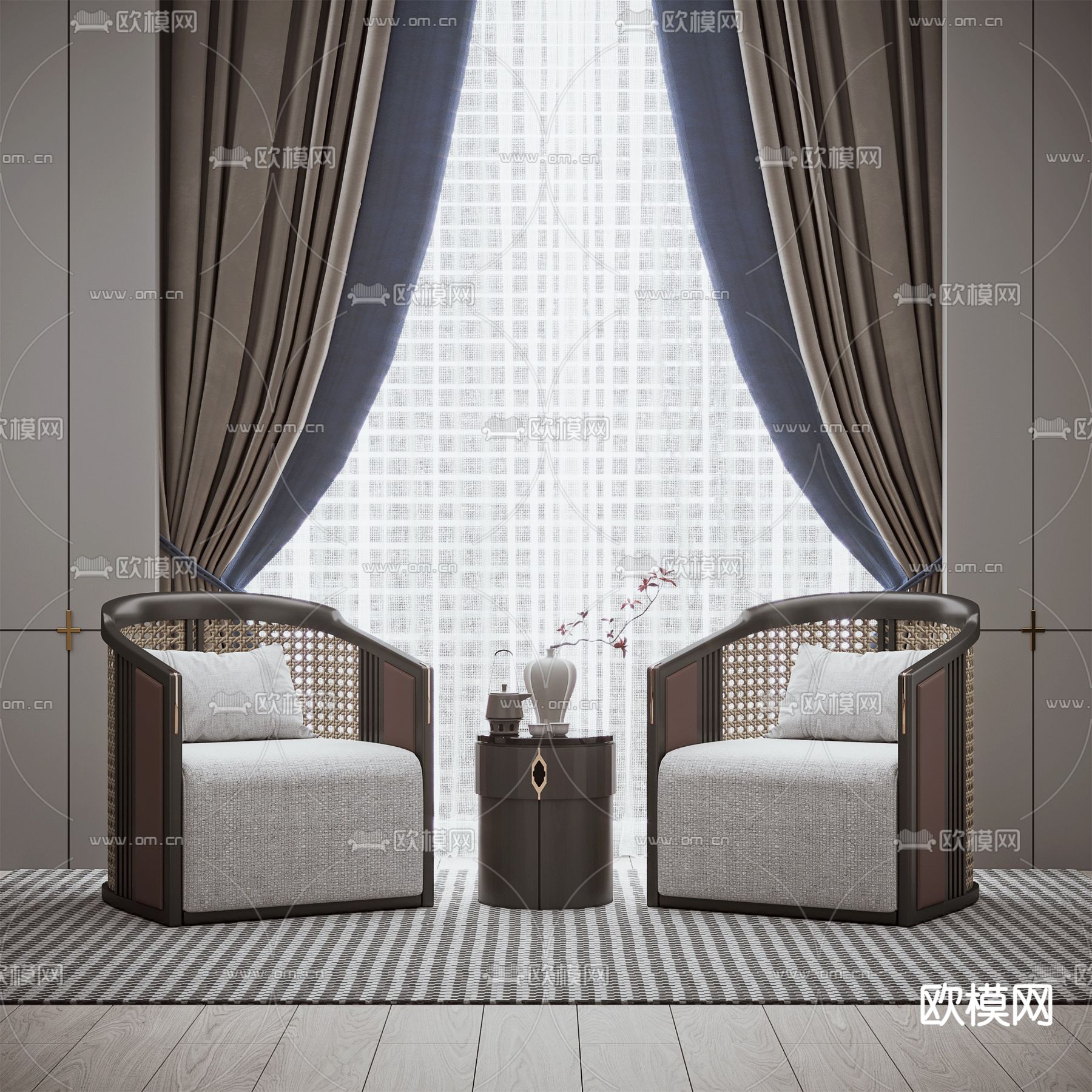 新中式休闲椅窗帘3d模型下载（渲染图1）