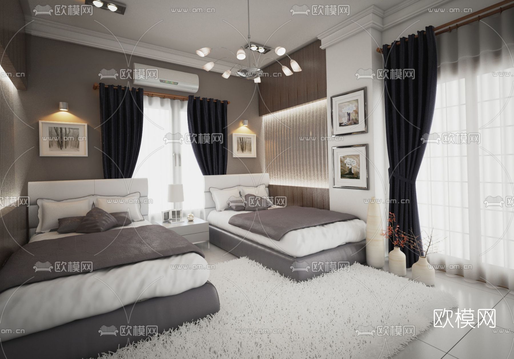 简欧酒店双床客房免费3d模型下载