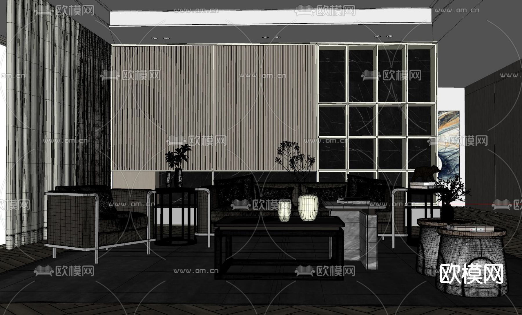 新中式布艺沙发组合su模型下载（渲染图2）