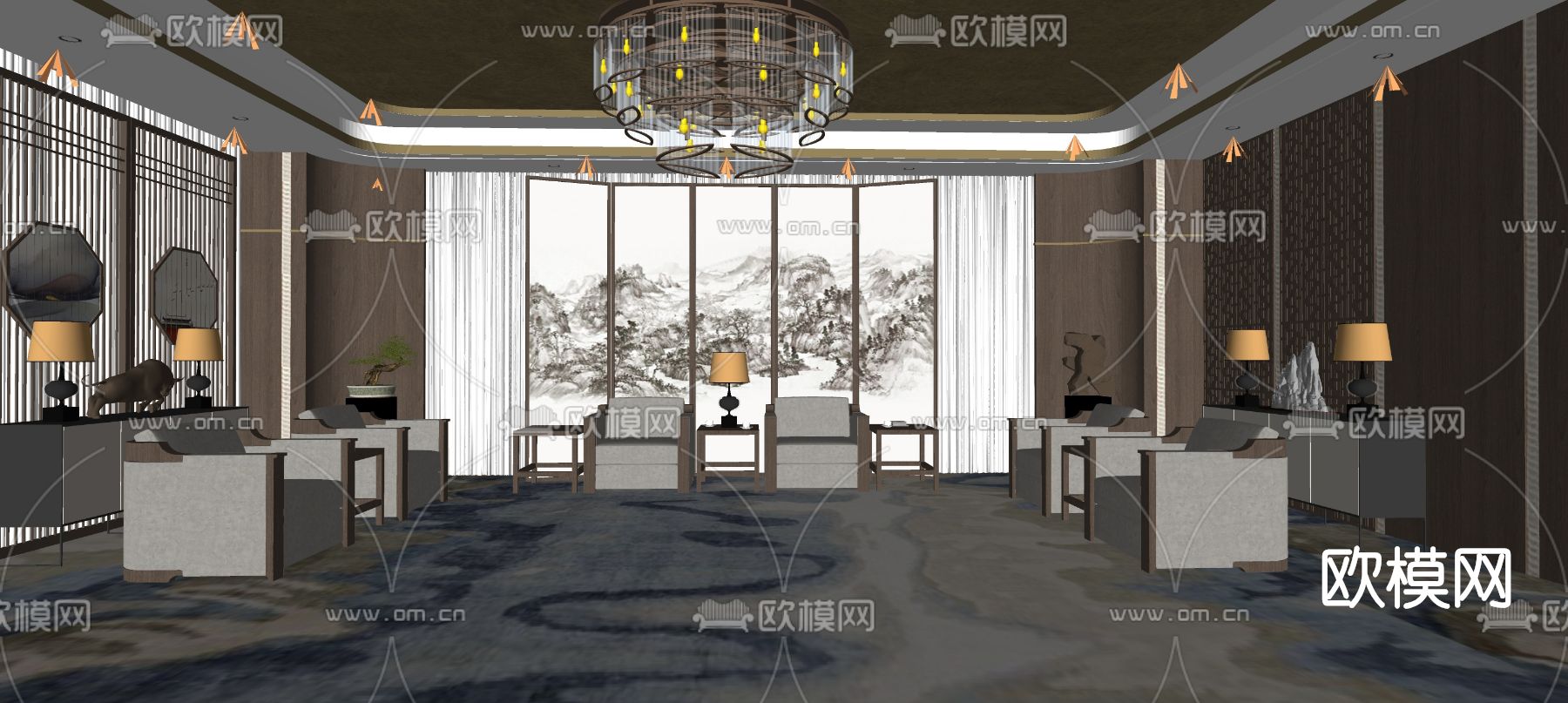 新中式酒店会客室su模型下载（渲染图2）