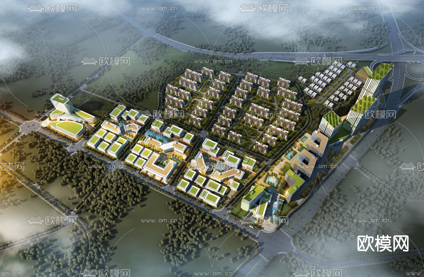 现代办公园区鸟瞰su模型下载（渲染图1）