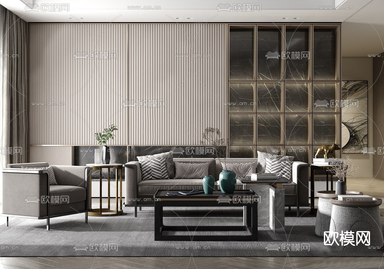 新中式布艺沙发组合su模型下载（渲染图1）